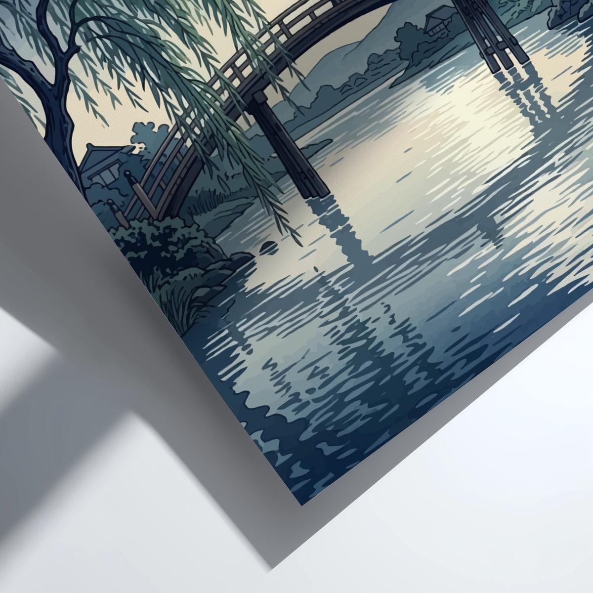 Poster featuring a moonlit Japanese bridge with a lone traveler under a willow tree.
