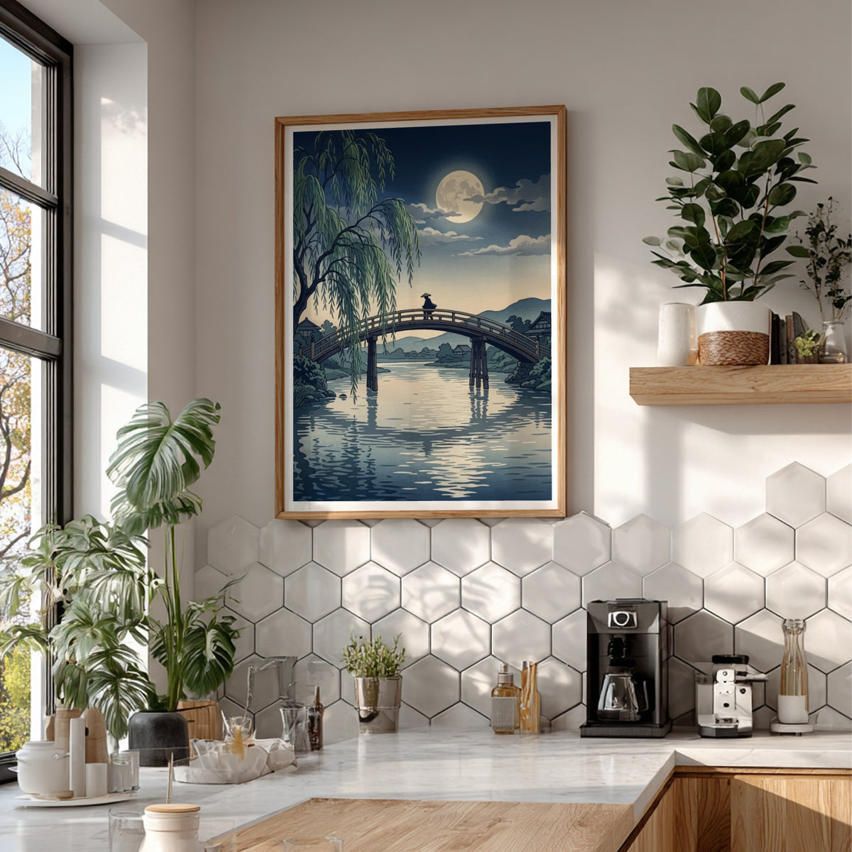 Poster featuring a moonlit Japanese bridge with a lone traveler under a willow tree.