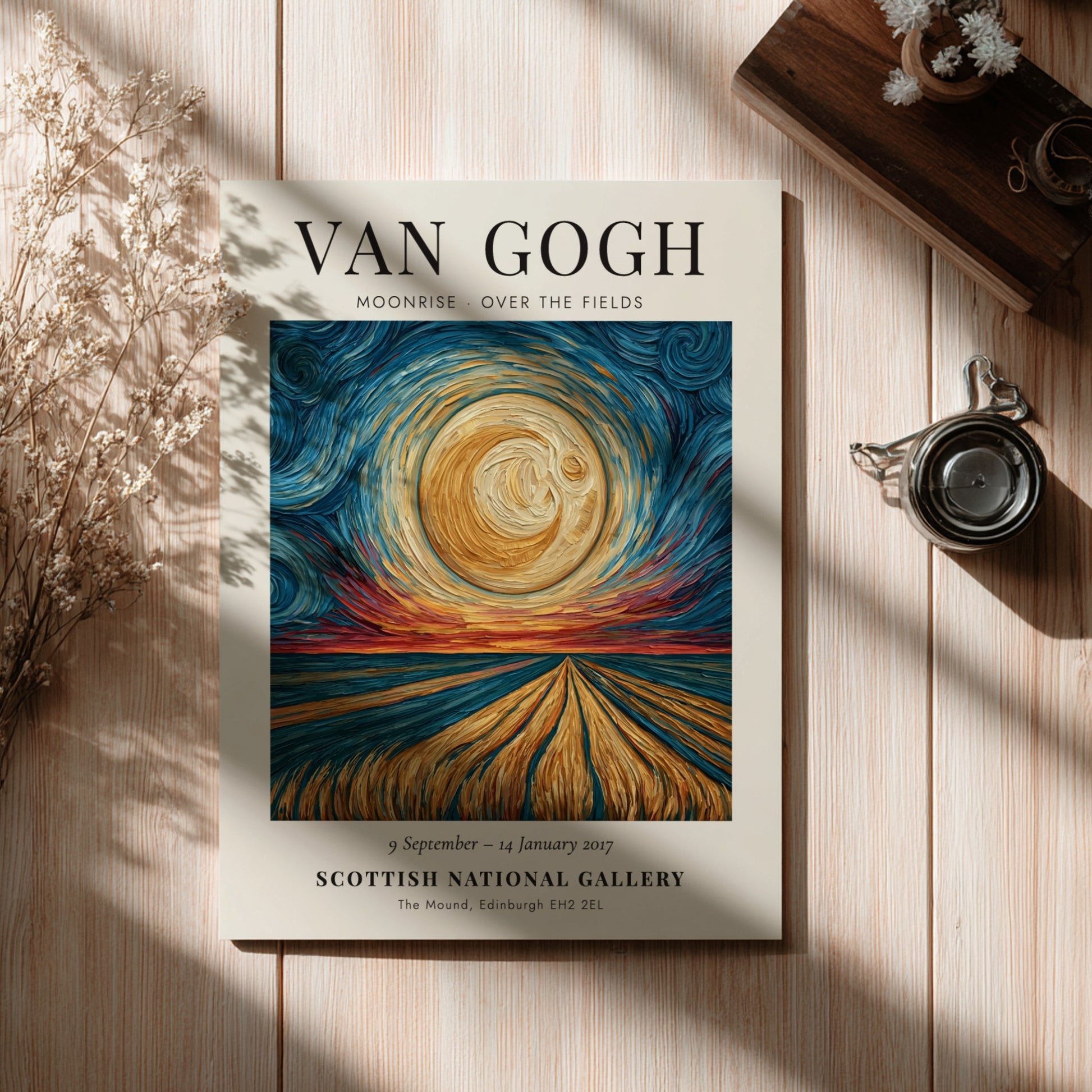 Moonrise - Over the Fields poster featuring swirling skies and golden fields inspired by Van Gogh's style
