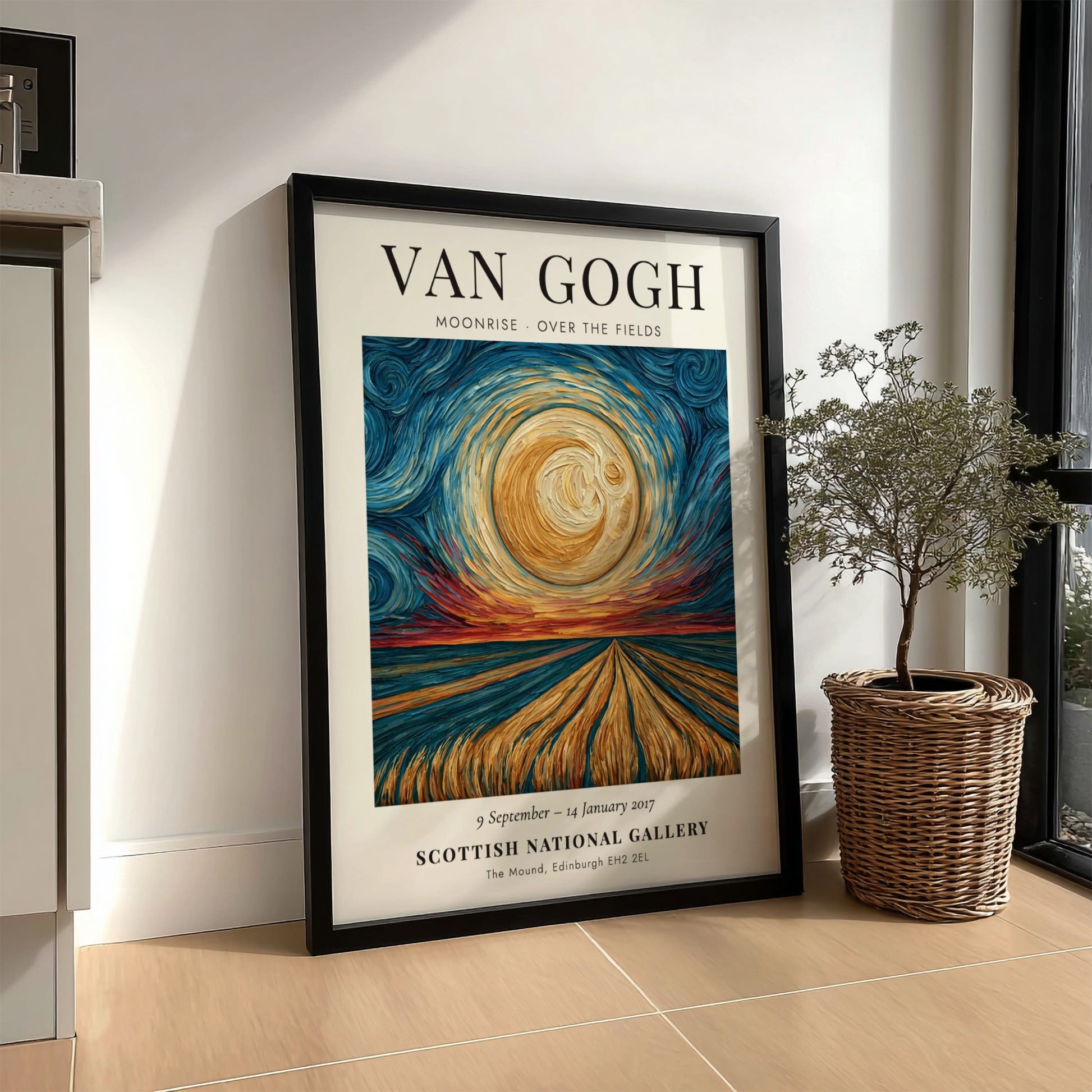 Moonrise - Over the Fields poster featuring swirling skies and golden fields inspired by Van Gogh's style