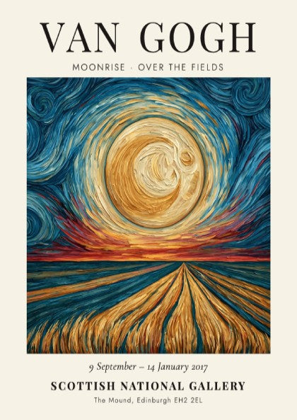 Moonrise - Over the Fields poster featuring swirling skies and golden fields inspired by Van Gogh's style