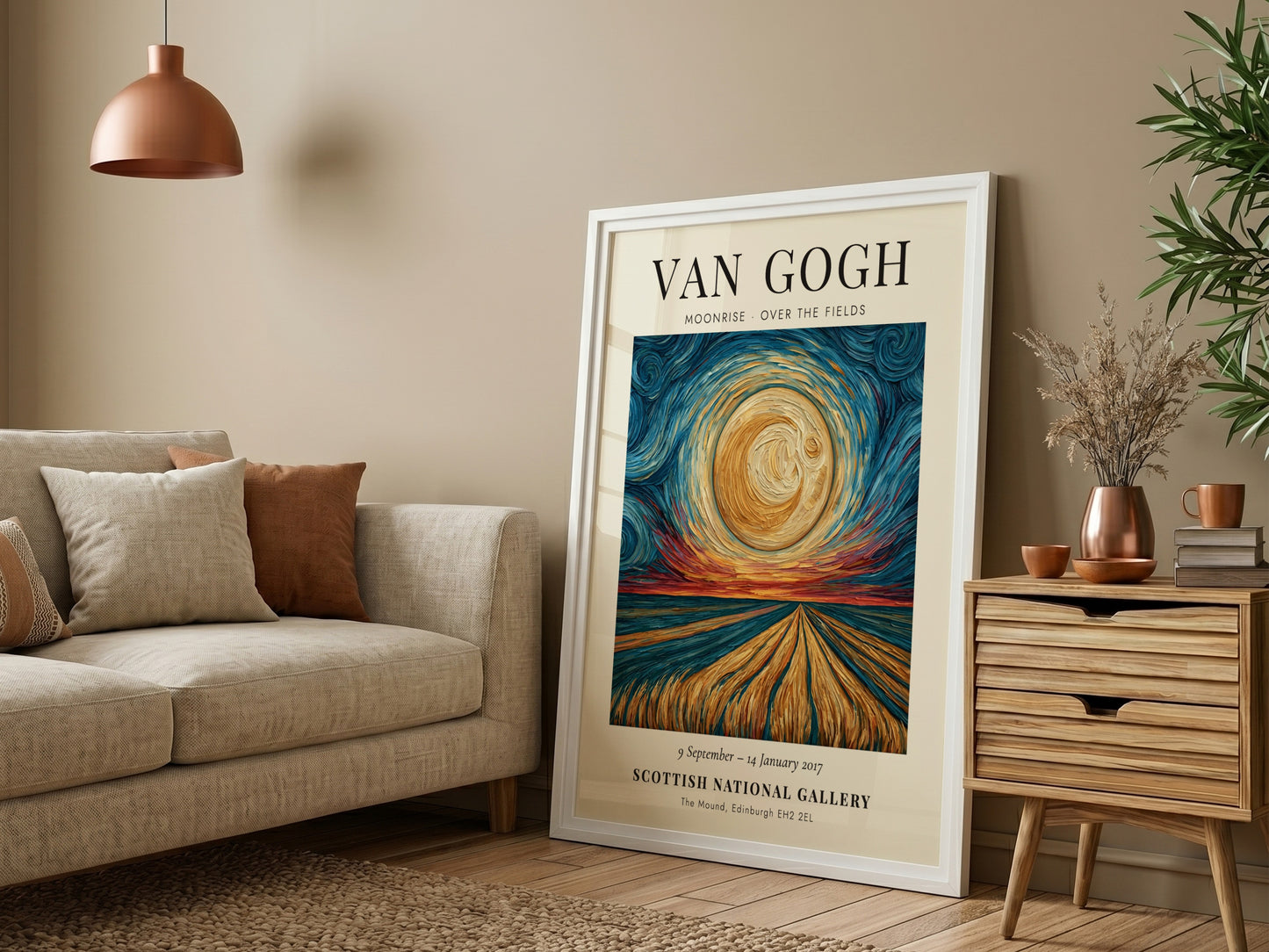 Moonrise - Over the Fields poster featuring swirling skies and golden fields inspired by Van Gogh's style