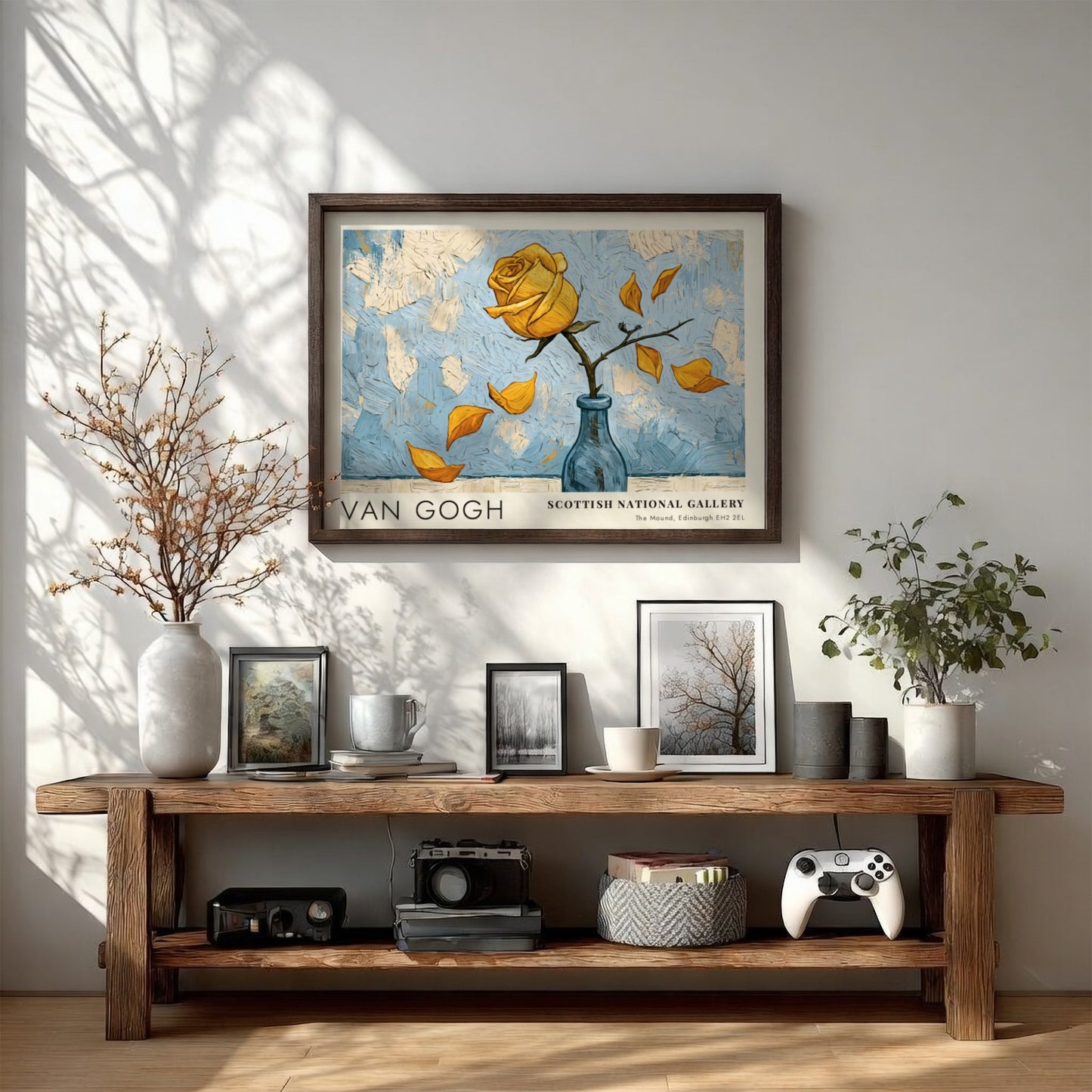 Van Gogh poster featuring a yellow rose and blue background