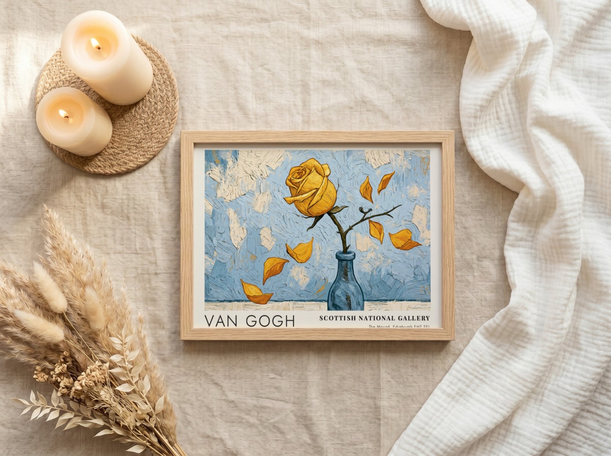 Van Gogh poster featuring a yellow rose and blue background