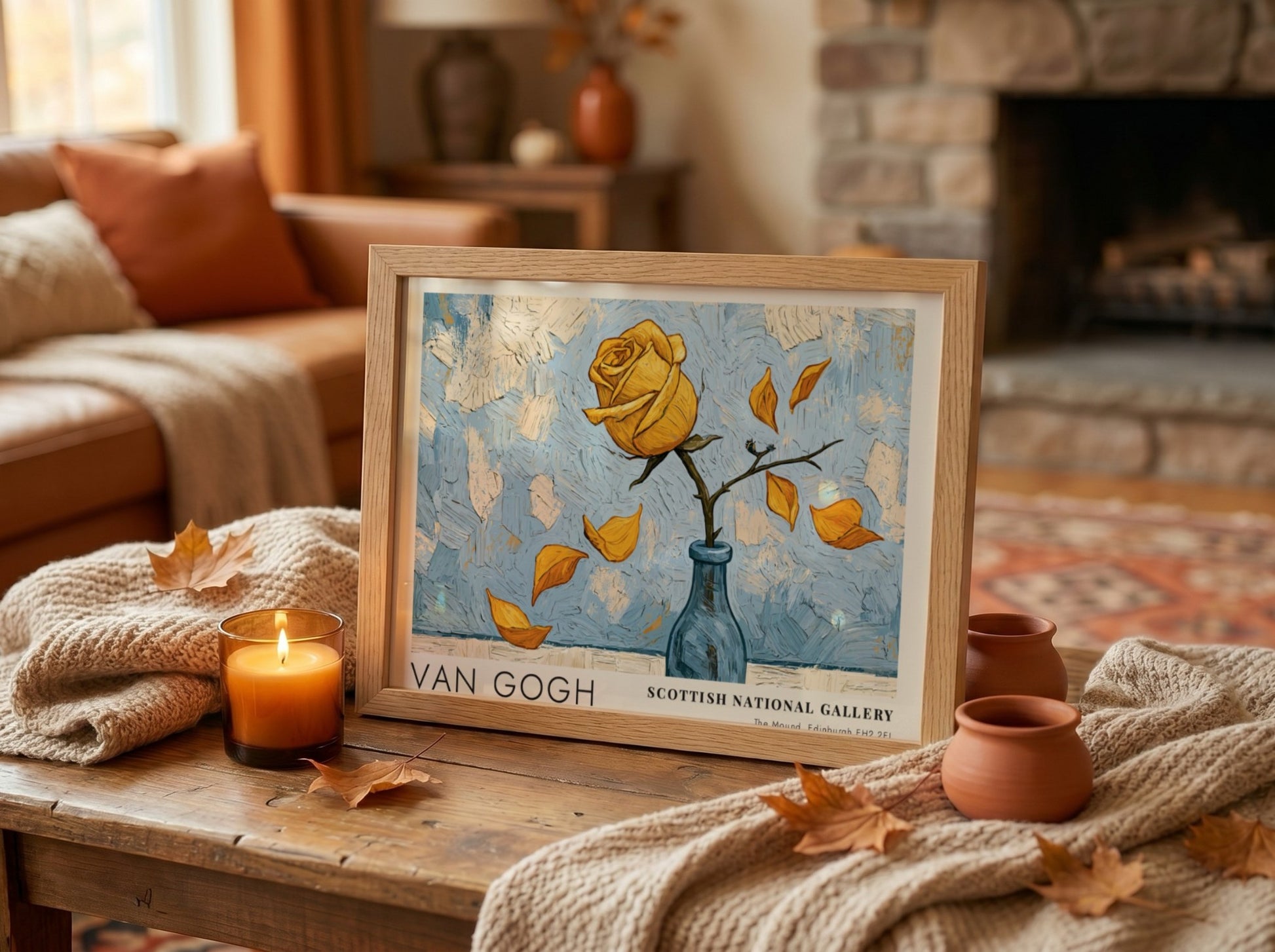 Van Gogh poster featuring a yellow rose and blue background