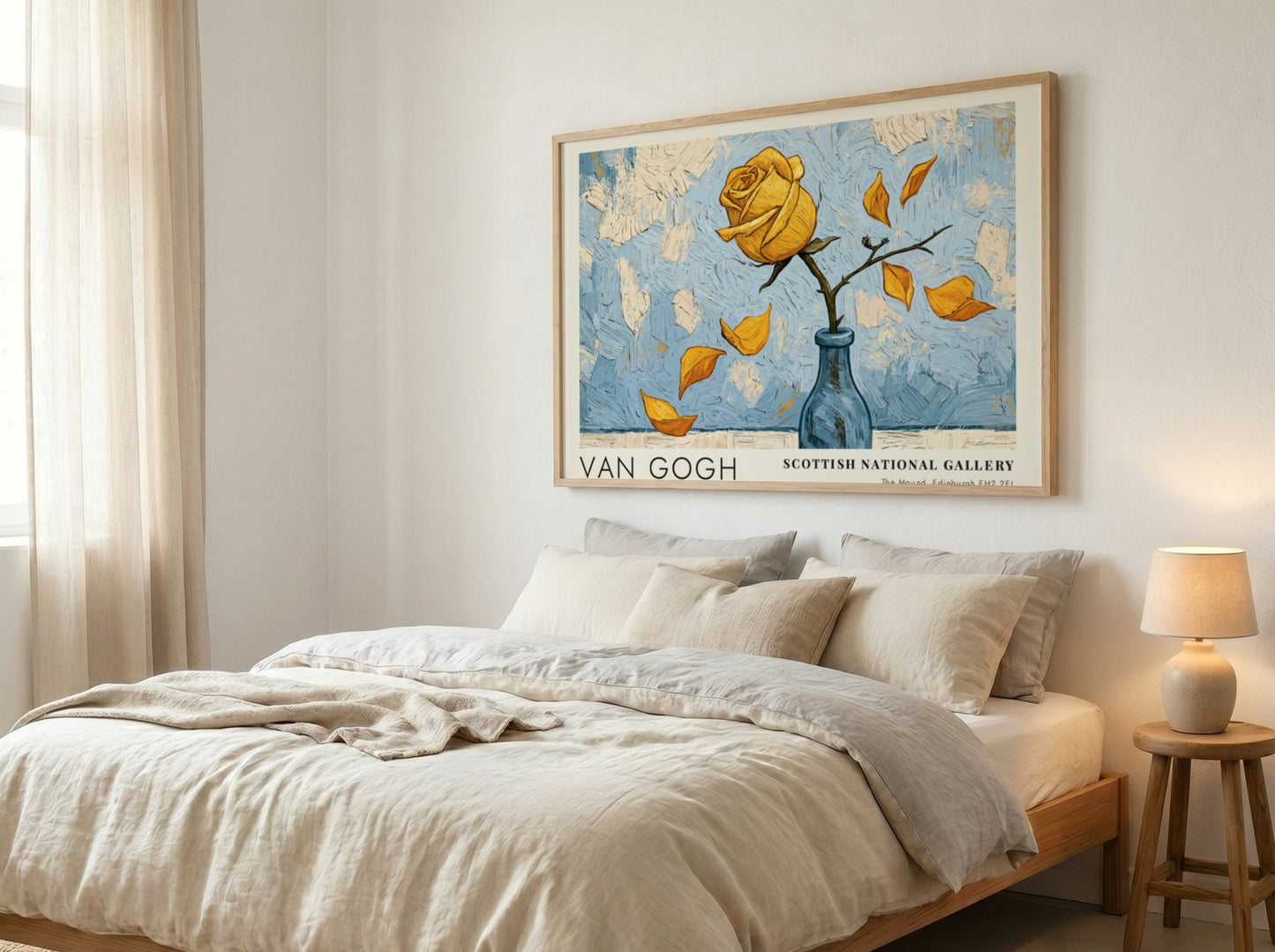 Van Gogh poster featuring a yellow rose and blue background
