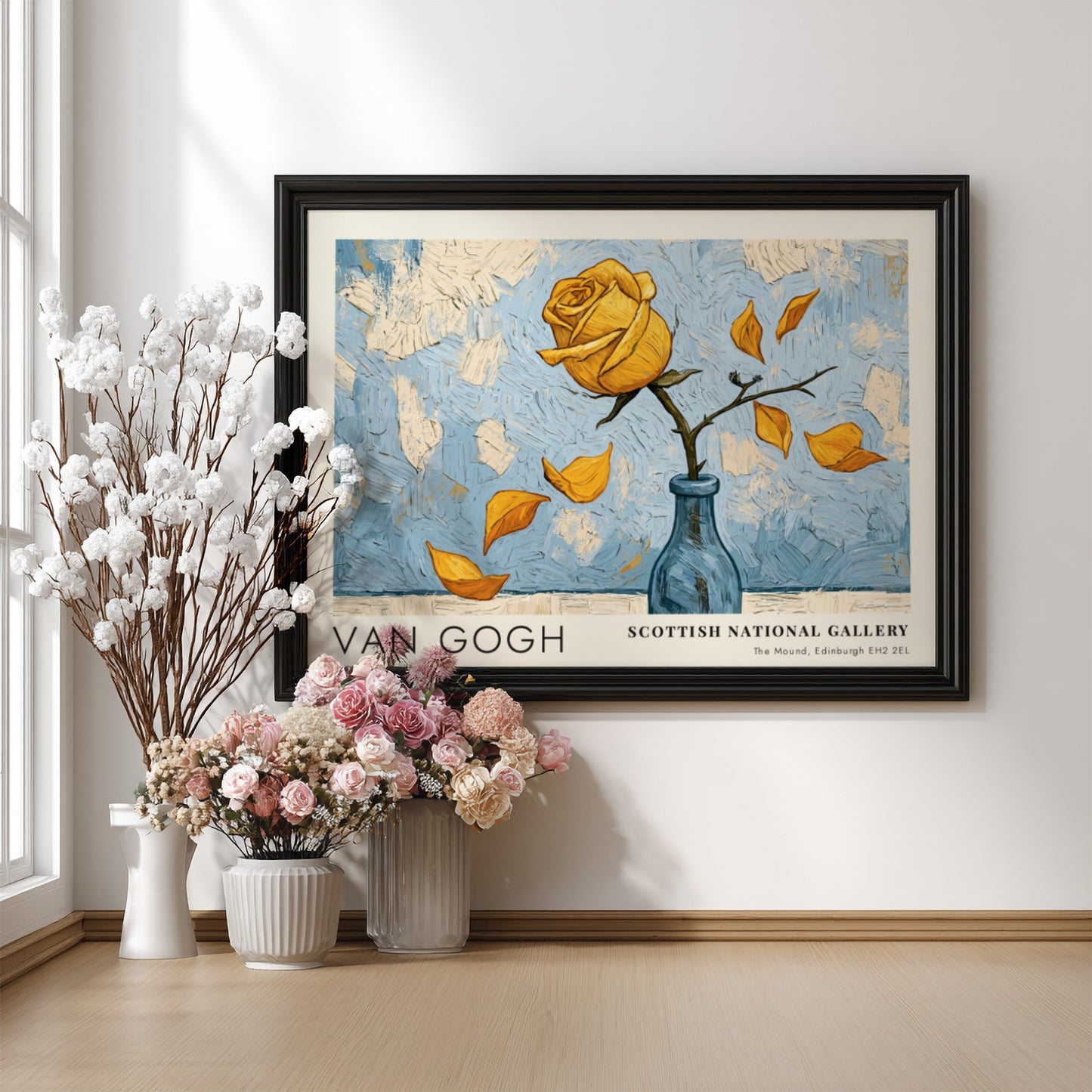 Van Gogh poster featuring a yellow rose and blue background