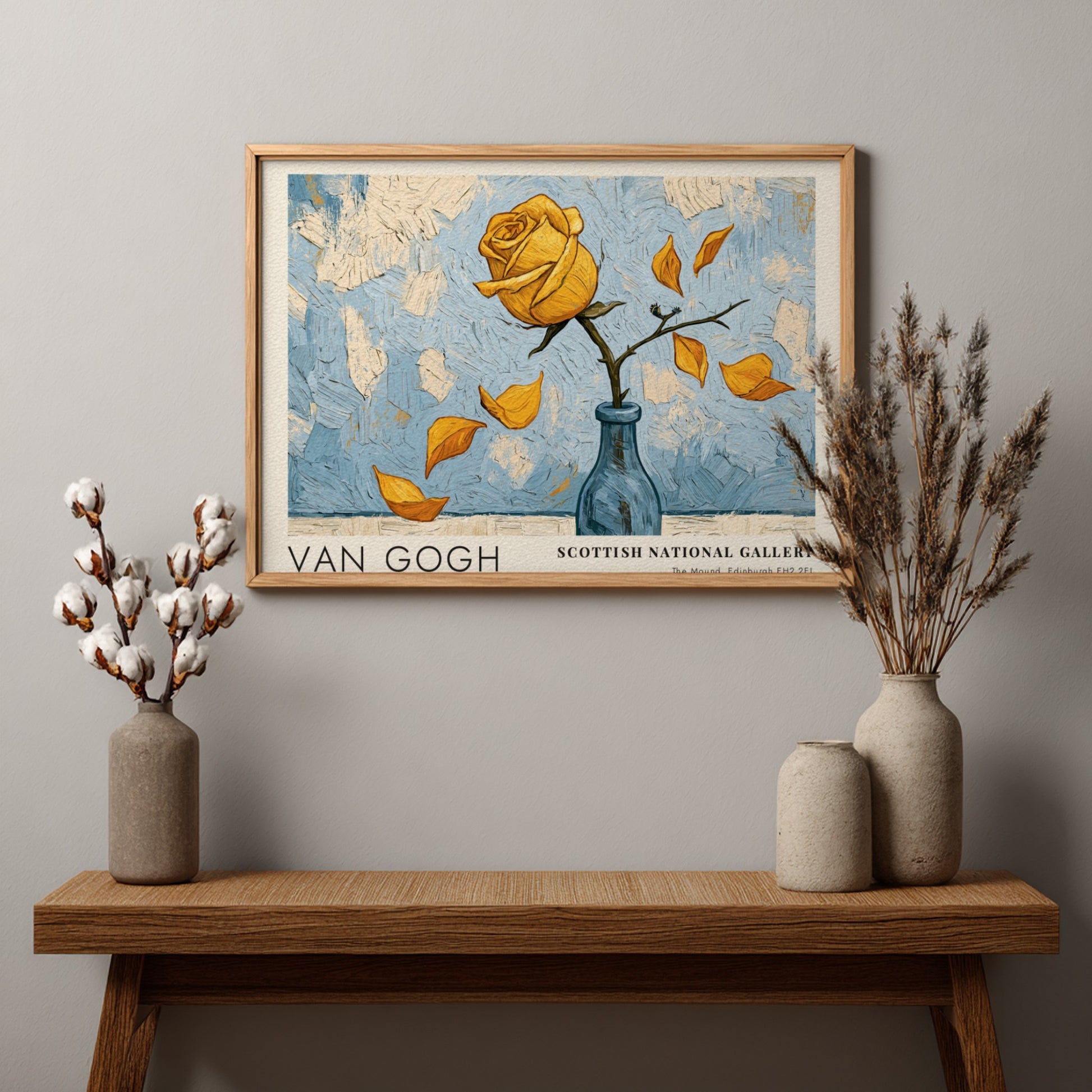 Van Gogh poster featuring a yellow rose and blue background