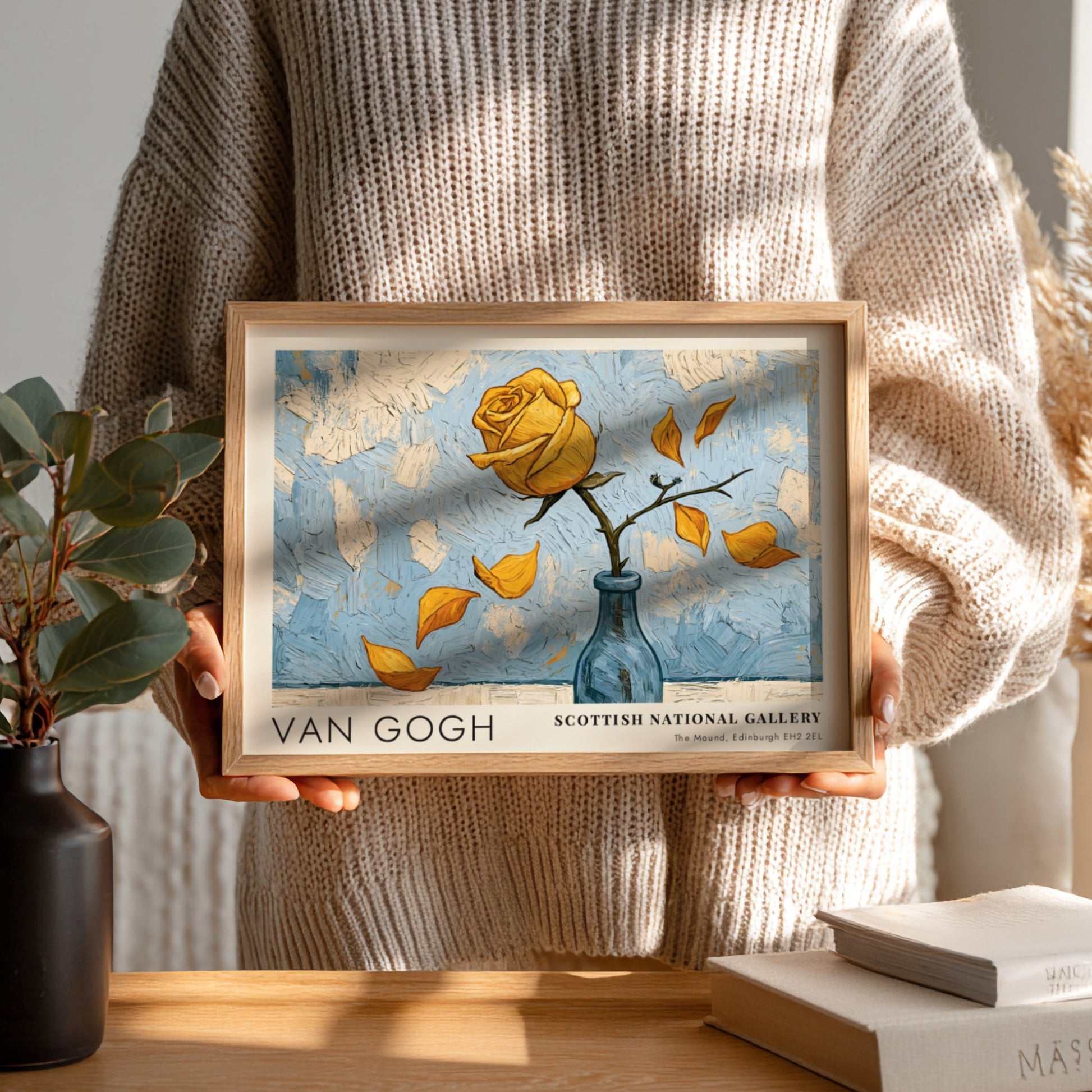 Van Gogh poster featuring a yellow rose and blue background