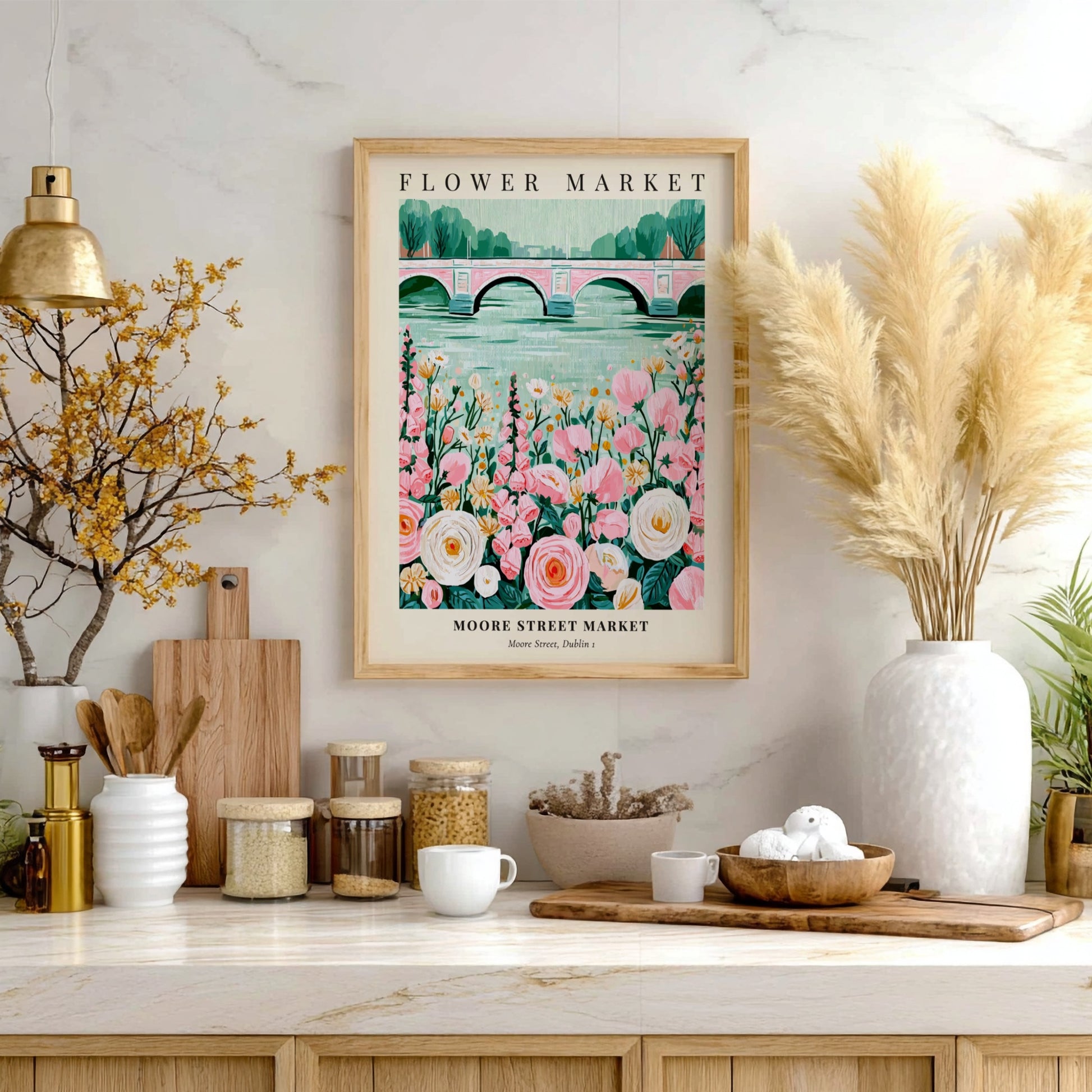 Flower Market artwork featuring pink and white flowers with a serene water backdrop, ideal for wall decor.