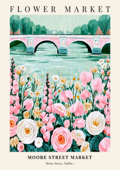 Flower Market artwork featuring pink and white flowers with a serene water backdrop, ideal for wall decor.