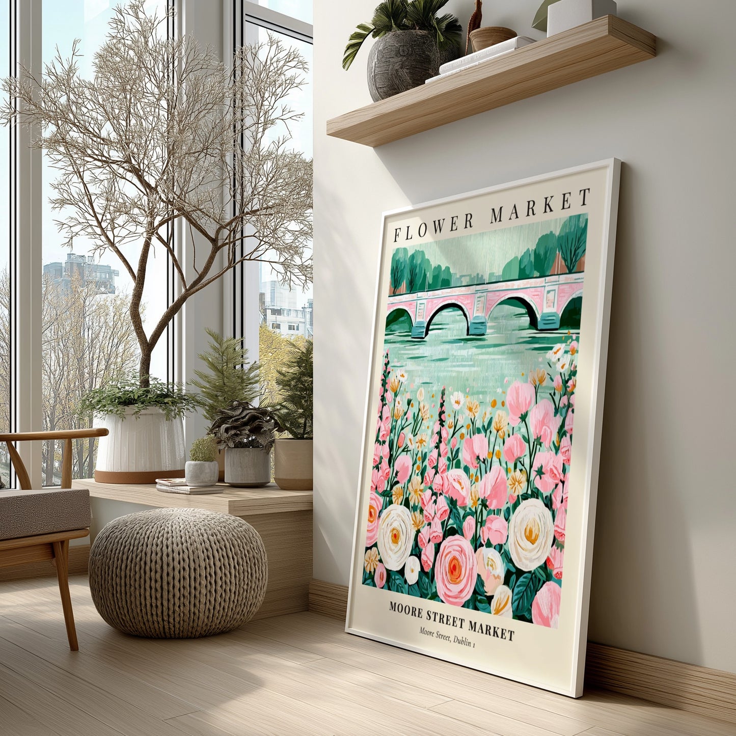Flower Market artwork featuring pink and white flowers with a serene water backdrop, ideal for wall decor.