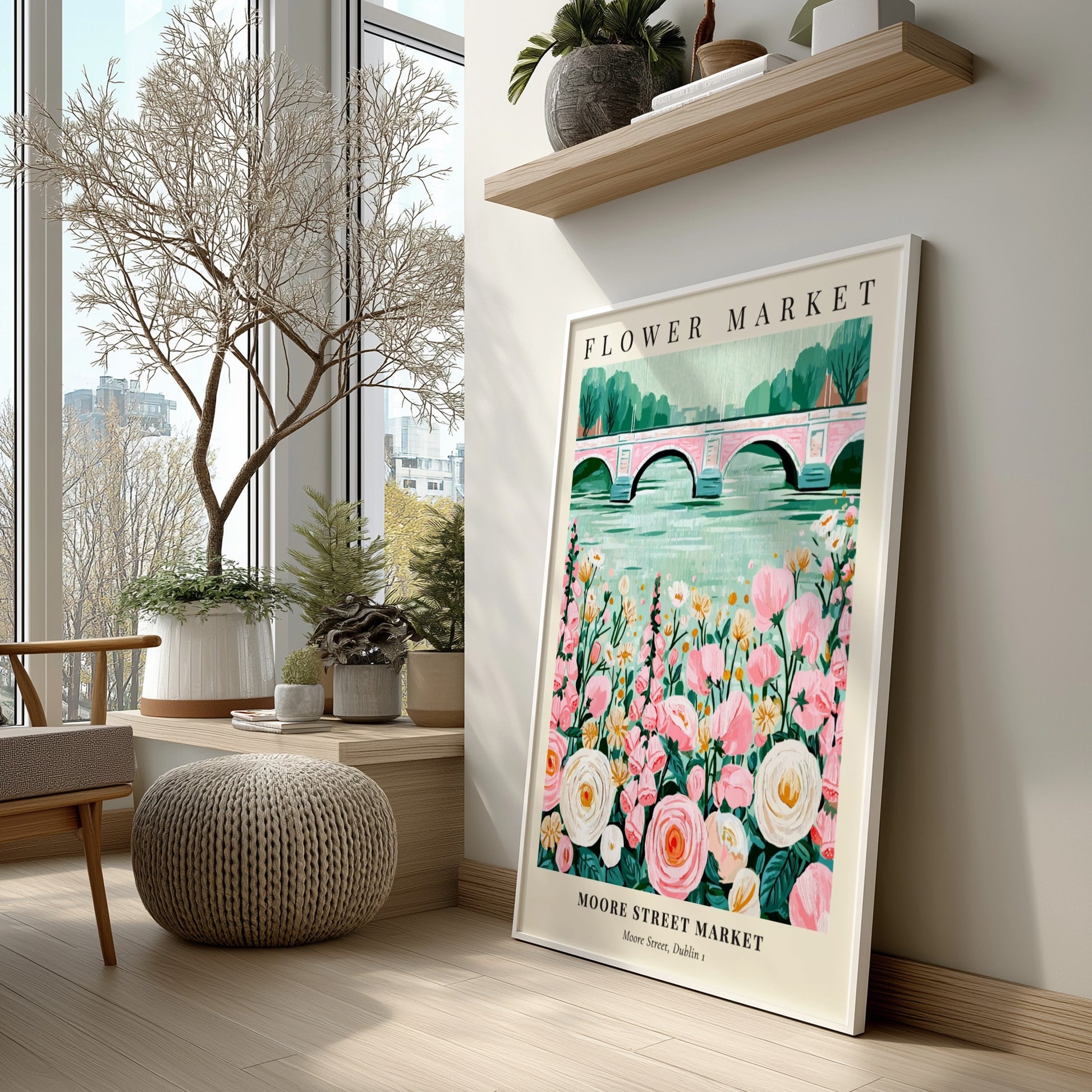 Flower Market artwork featuring pink and white flowers with a serene water backdrop, ideal for wall decor.