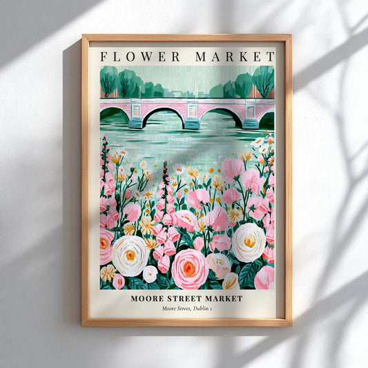 Flower Market artwork featuring pink and white flowers with a serene water backdrop, ideal for wall decor.
