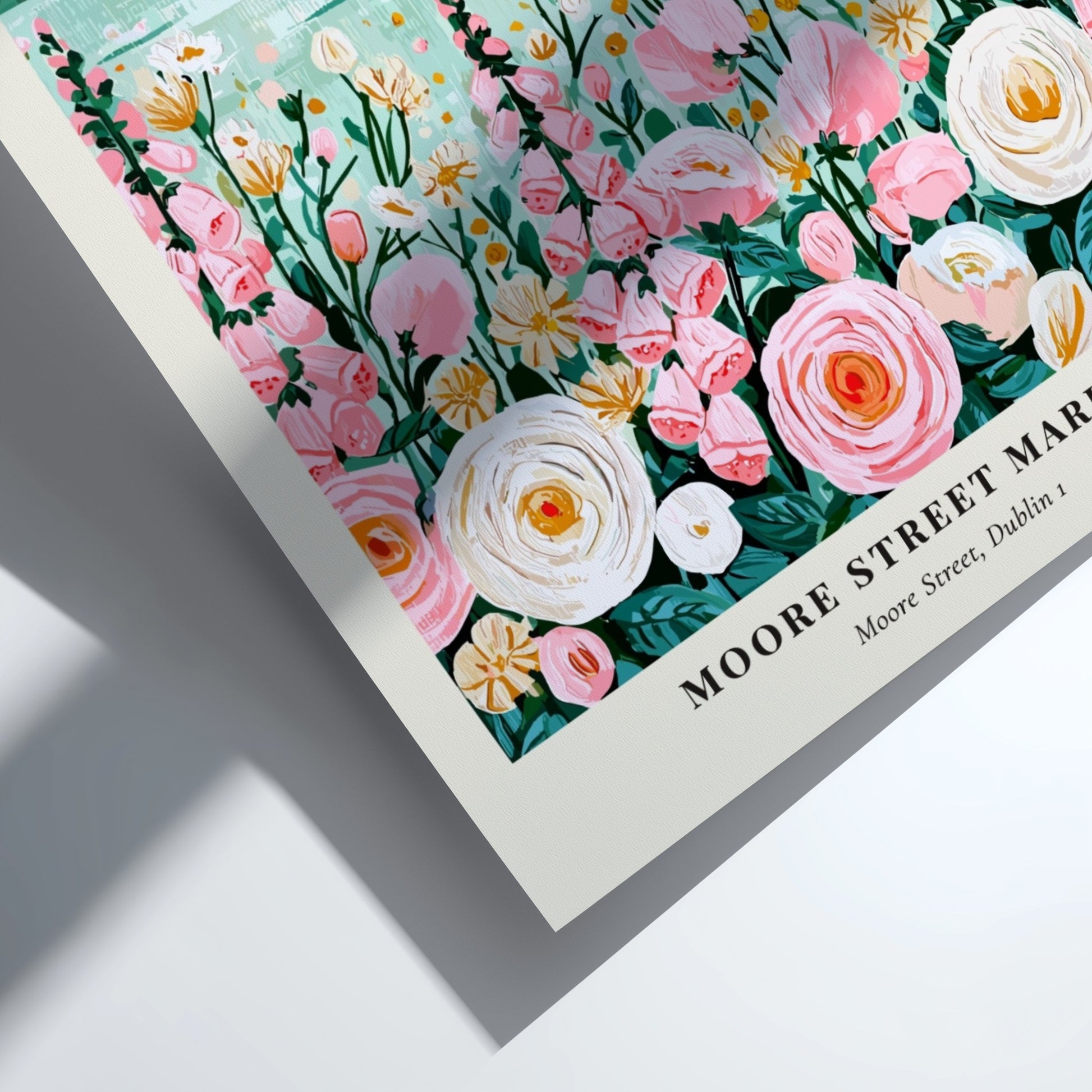 Flower Market artwork featuring pink and white flowers with a serene water backdrop, ideal for wall decor.