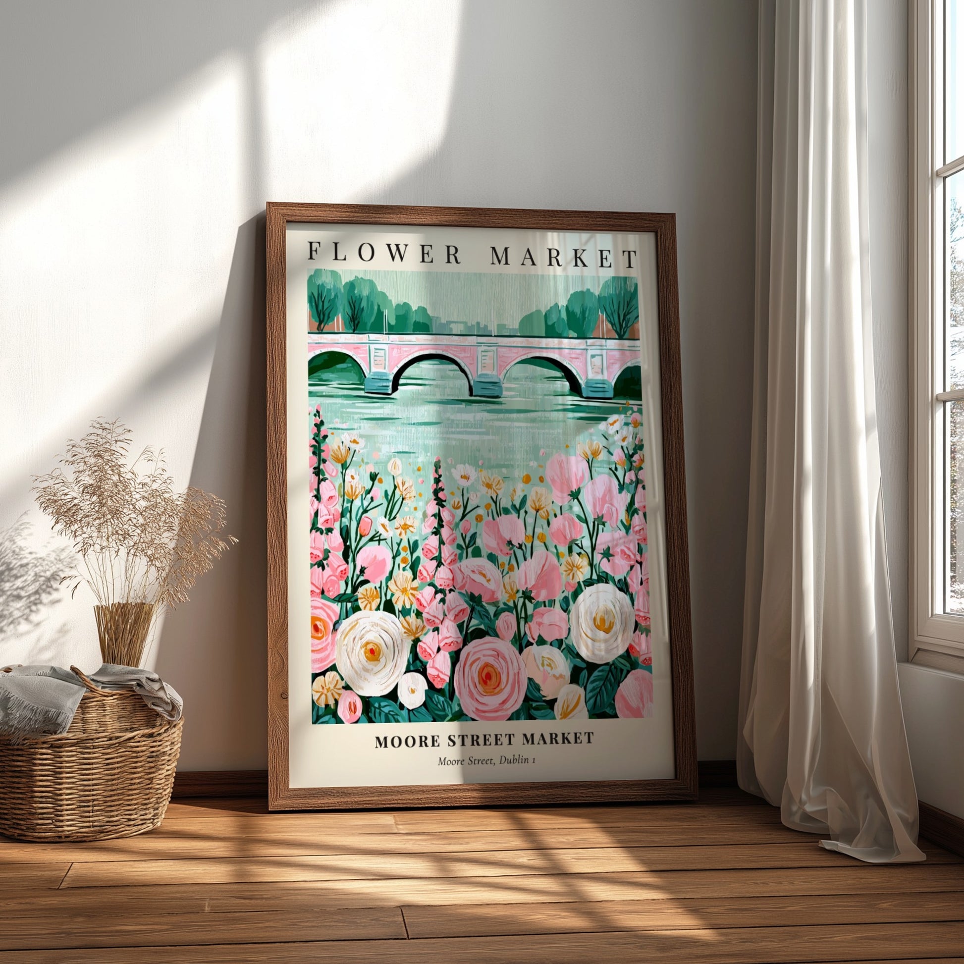 Flower Market artwork featuring pink and white flowers with a serene water backdrop, ideal for wall decor.