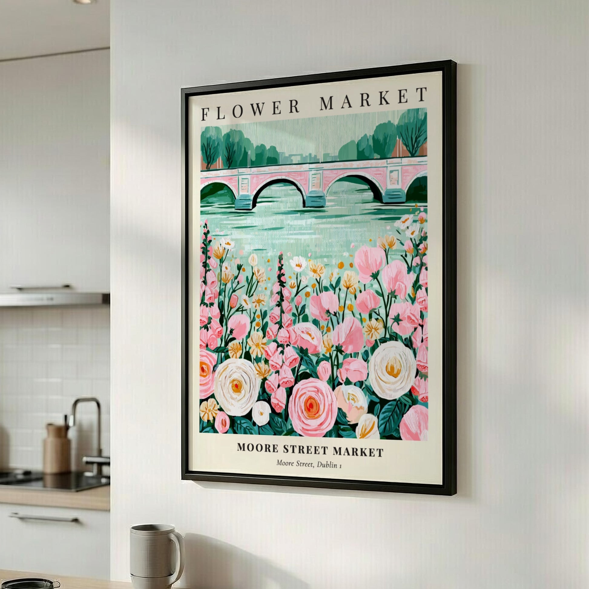 Flower Market artwork featuring pink and white flowers with a serene water backdrop, ideal for wall decor.