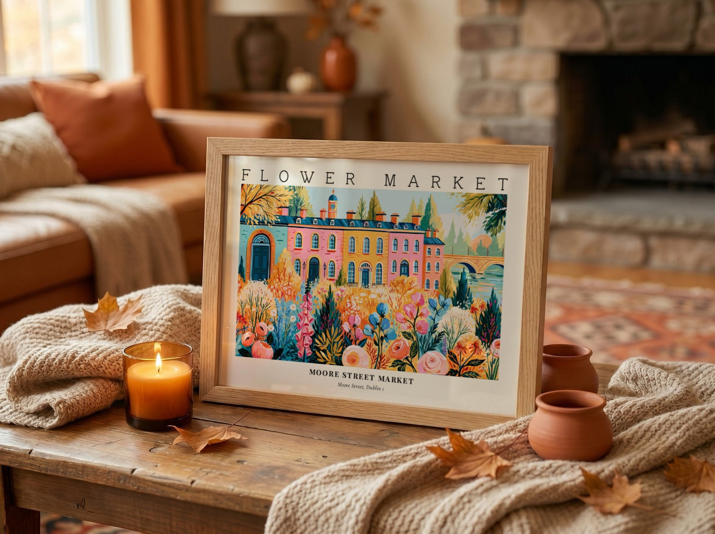 Flower market poster featuring vibrant flowers and Moore Street Market in Dublin, colorful wall art print
