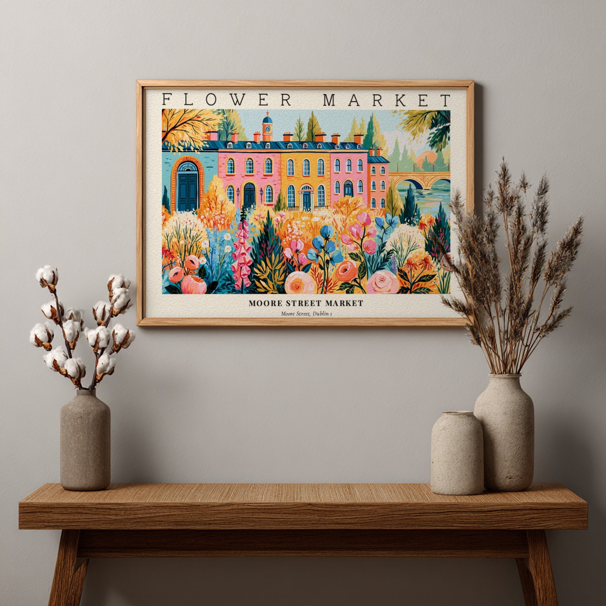 Flower market posters featuring vibrant floral landscape art in bright colors