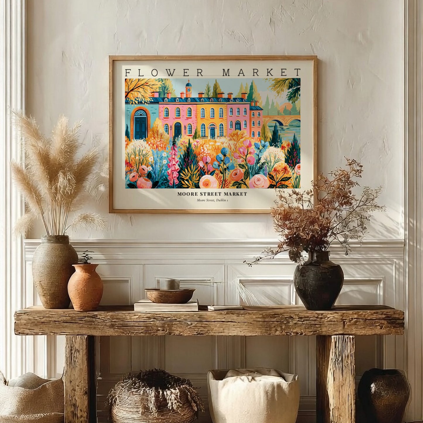 Flower market poster featuring vibrant flowers and Moore Street Market in Dublin, colorful wall art print