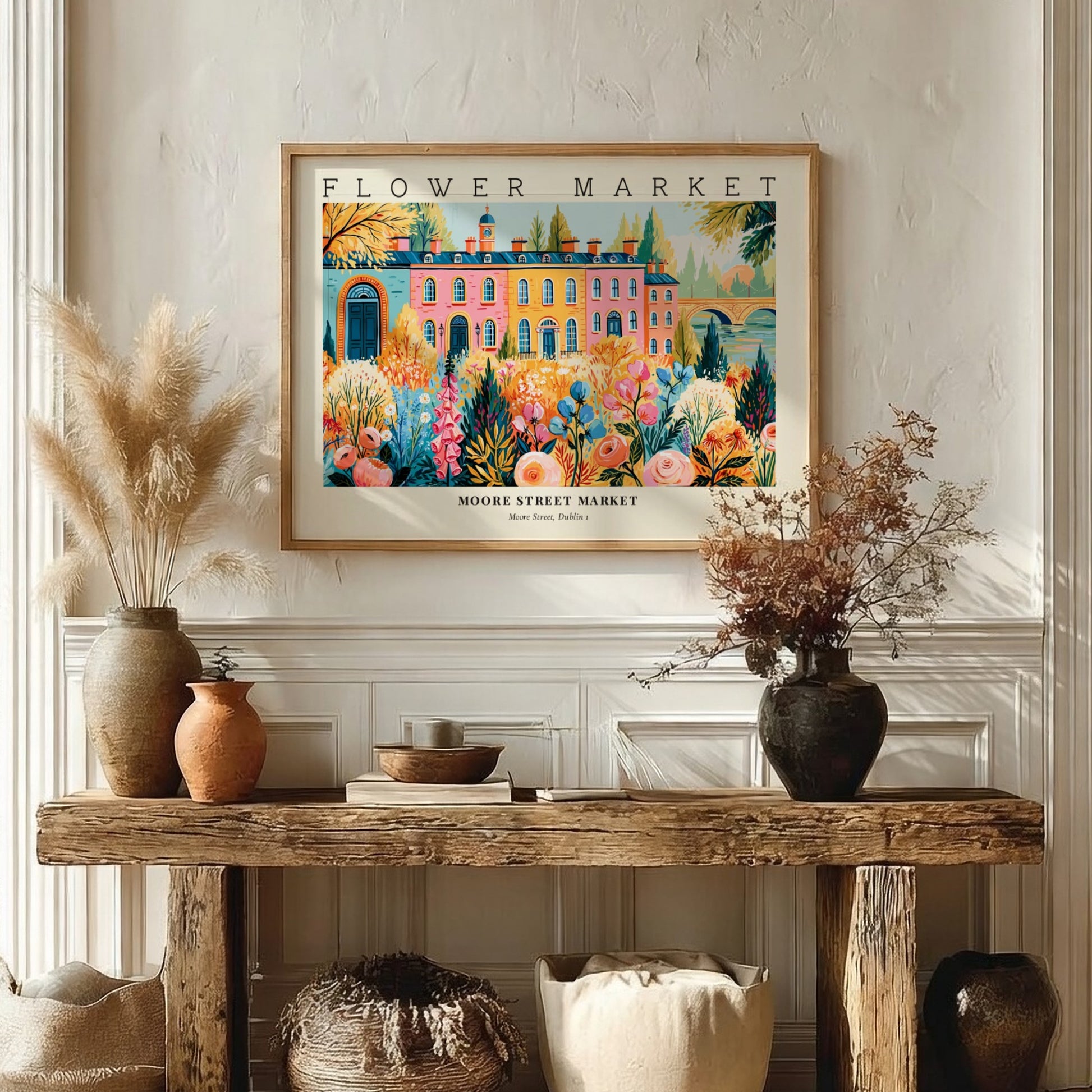 Flower market poster featuring vibrant flowers and Moore Street Market in Dublin, colorful wall art print