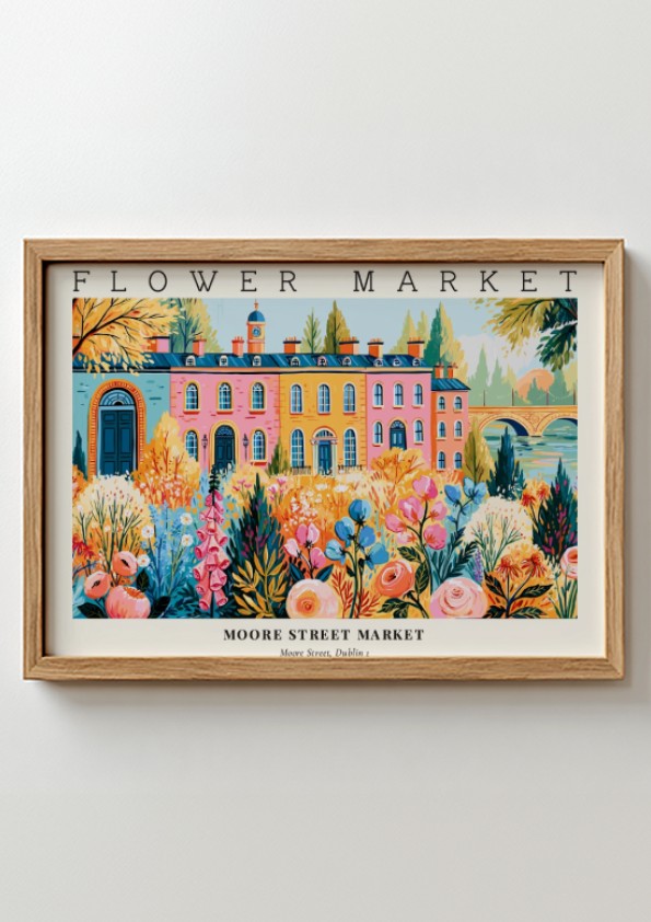 Flower market posters featuring vibrant floral landscape art in bright colors
