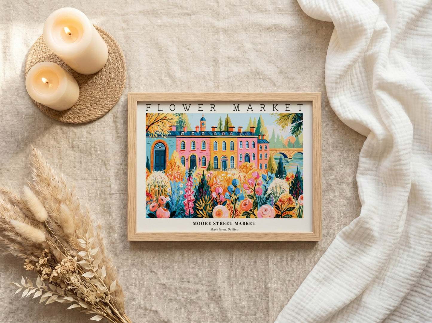 Flower market posters featuring vibrant floral landscape art in bright colors