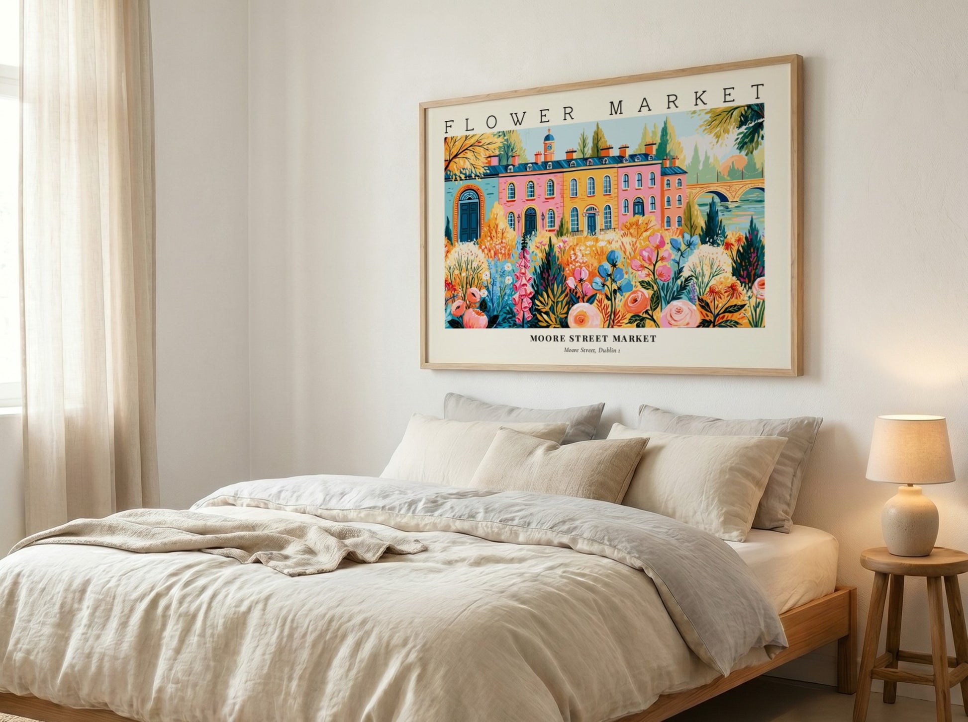 Flower market poster featuring vibrant flowers and Moore Street Market in Dublin, colorful wall art print