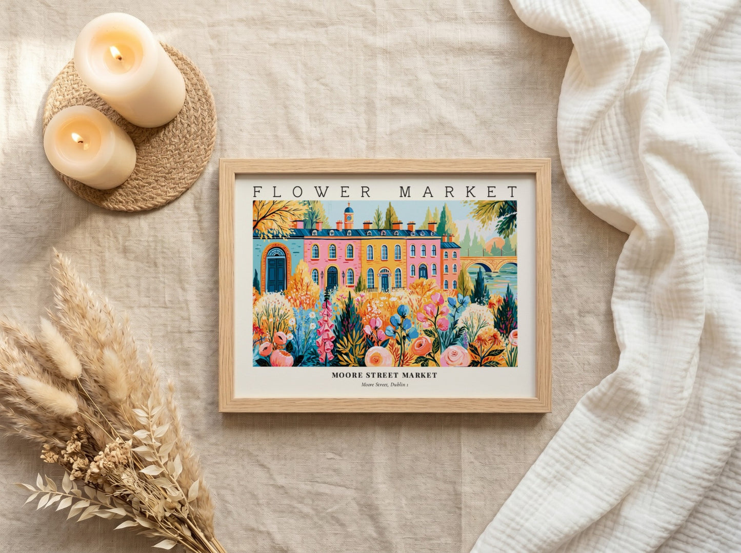 Flower market poster featuring vibrant flowers and Moore Street Market in Dublin, colorful wall art print
