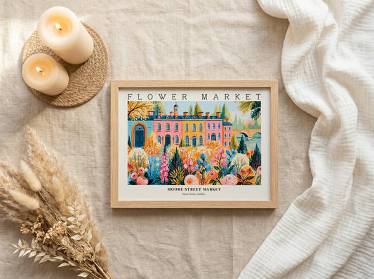 Flower market poster featuring vibrant flowers and Moore Street Market in Dublin, colorful wall art print