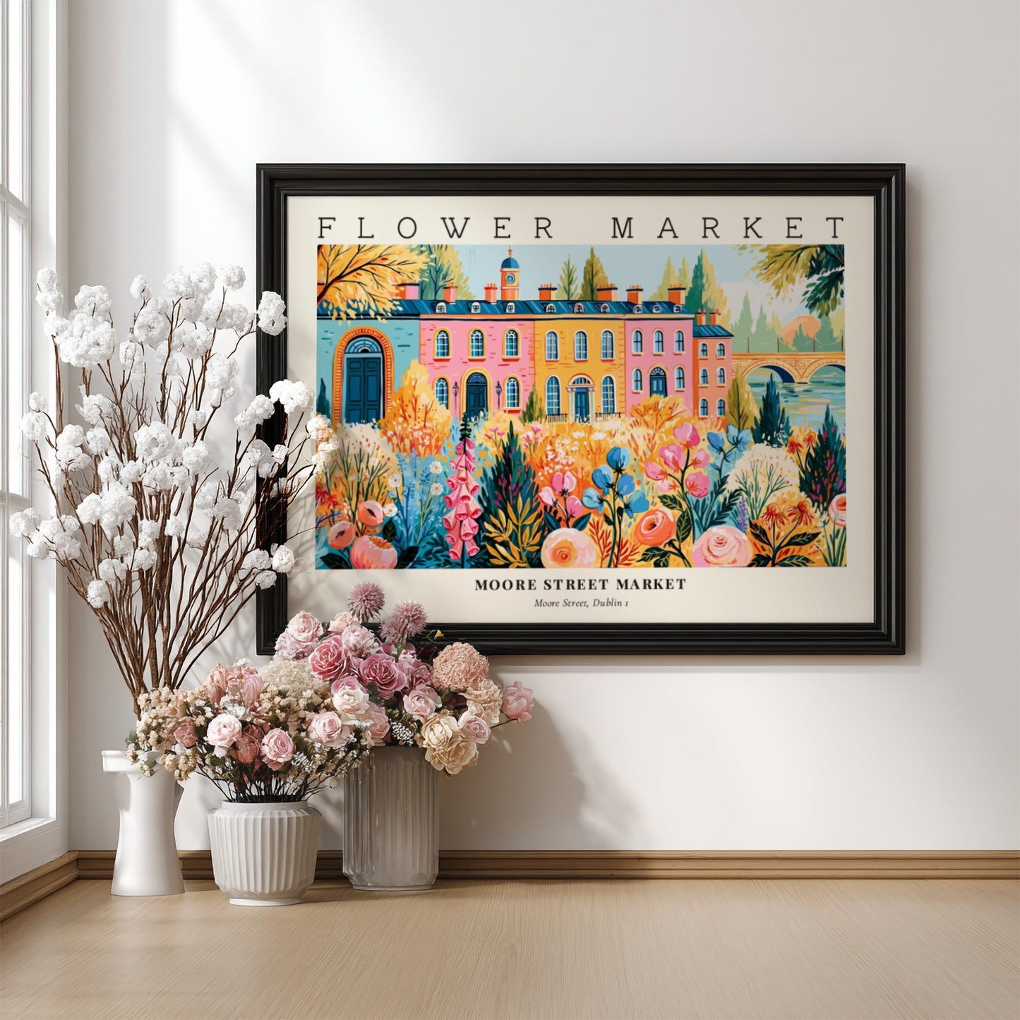 Flower market posters featuring vibrant floral landscape art in bright colors