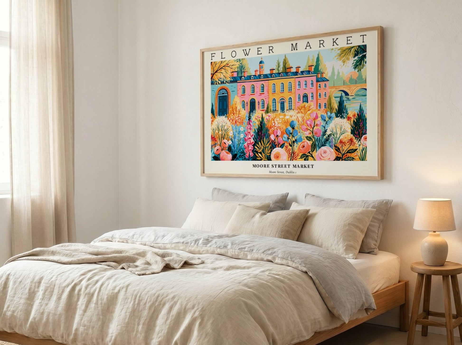 Flower market posters featuring vibrant floral landscape art in bright colors