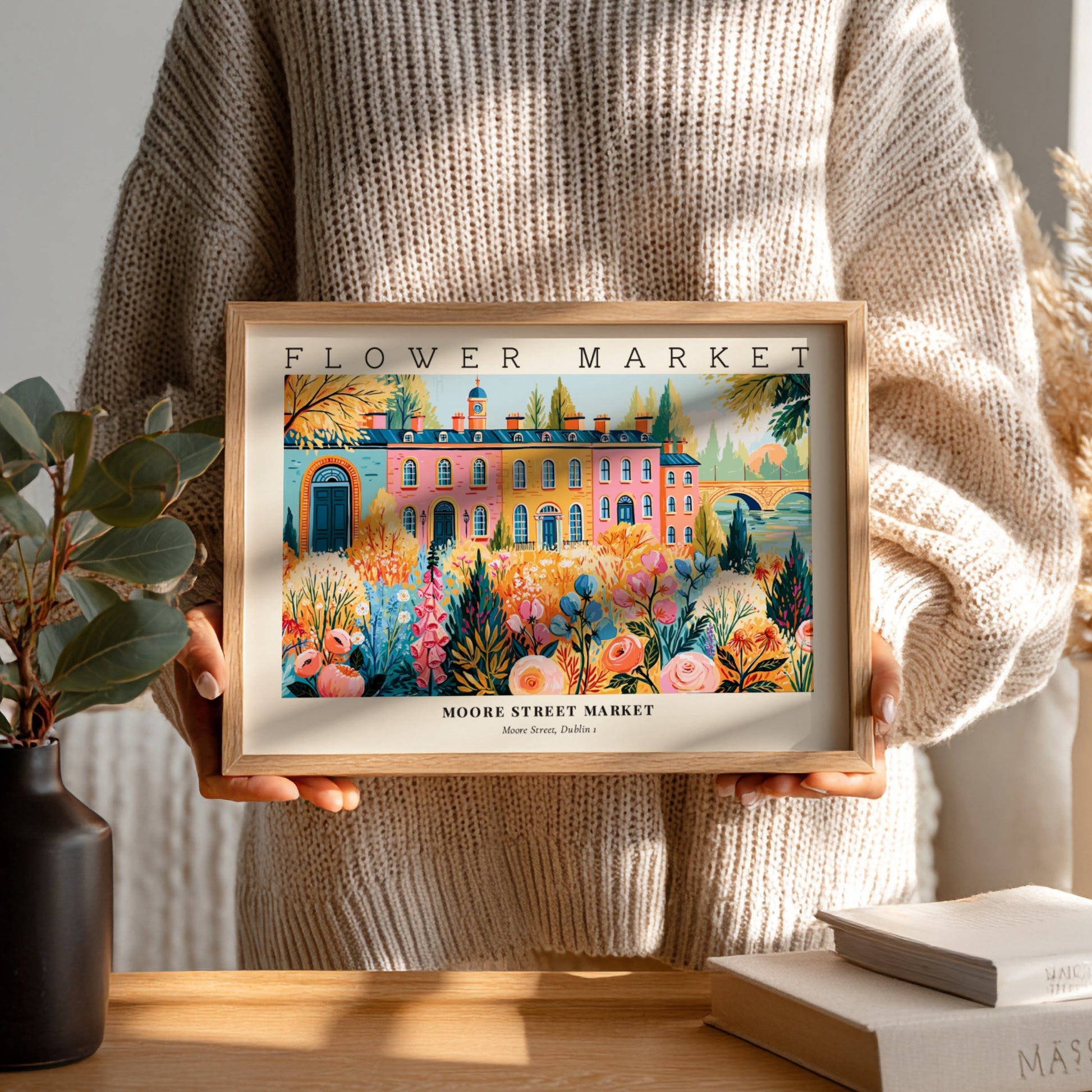 Flower market poster featuring vibrant flowers and Moore Street Market in Dublin, colorful wall art print