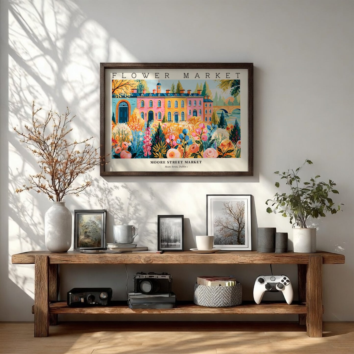 Flower market posters featuring vibrant floral landscape art in bright colors