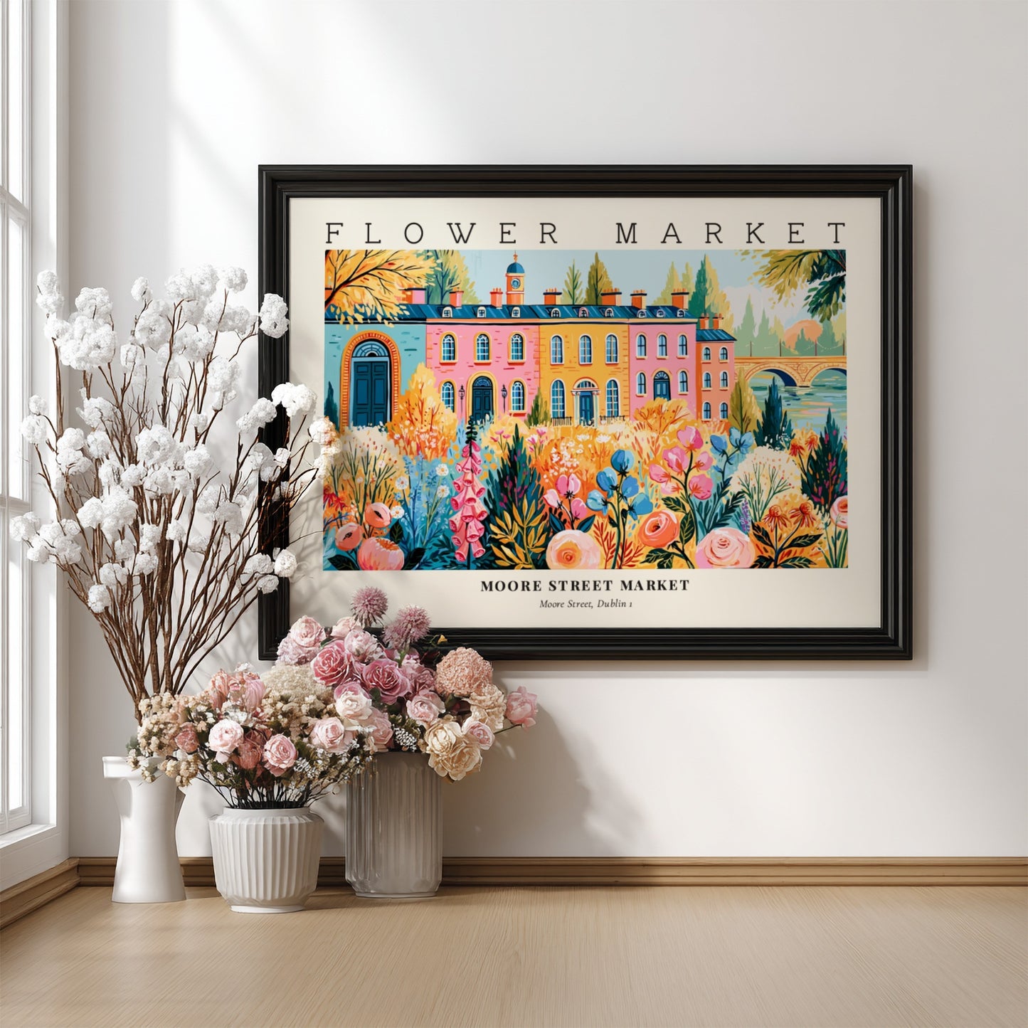 Flower market poster featuring vibrant flowers and Moore Street Market in Dublin, colorful wall art print