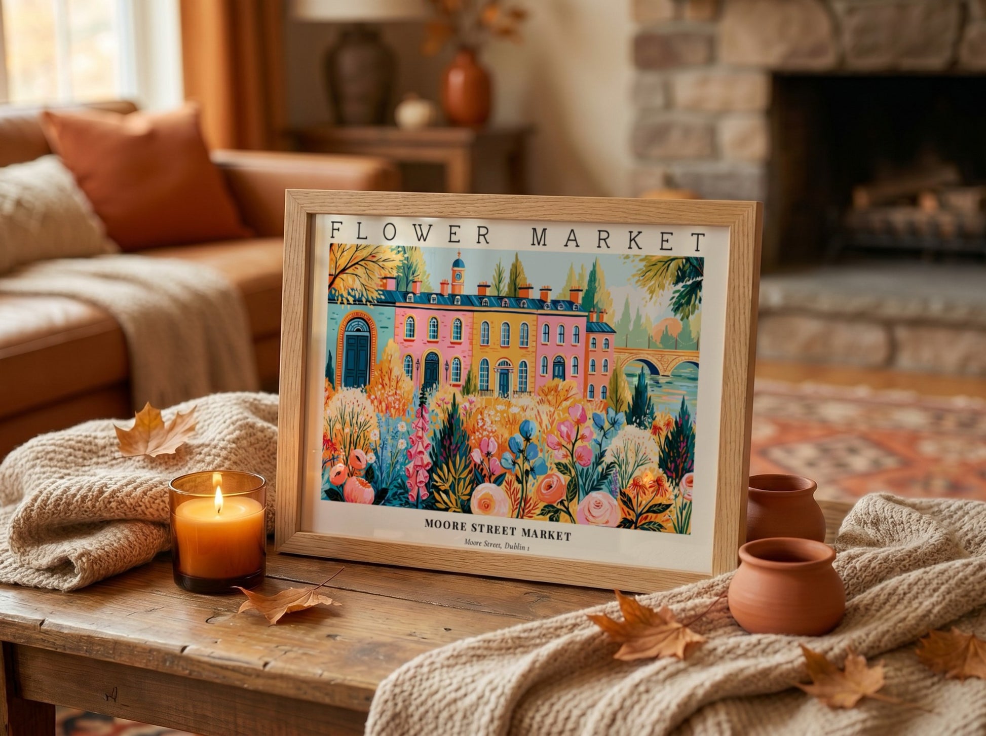 Flower market posters featuring vibrant floral landscape art in bright colors