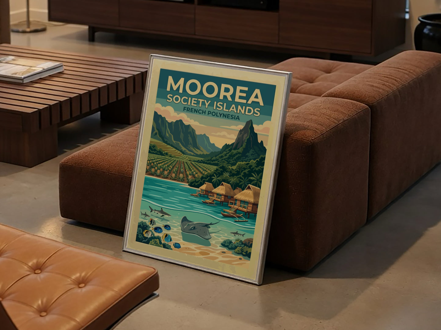 Moorea Society Islands travel poster featuring a tropical landscape with mountains, bungalows, and sea life.