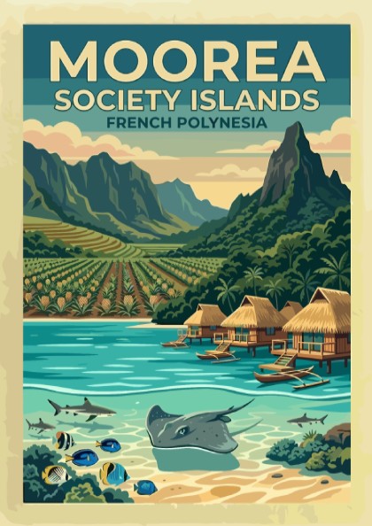 Moorea Society Islands travel poster featuring a tropical landscape with mountains, bungalows, and sea life.