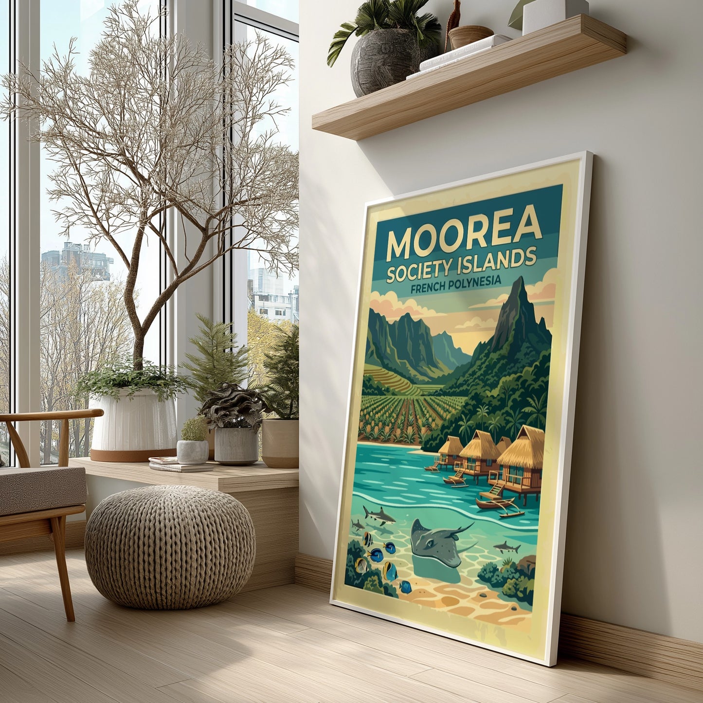 Moorea Society Islands travel poster featuring a tropical landscape with mountains, bungalows, and sea life.
