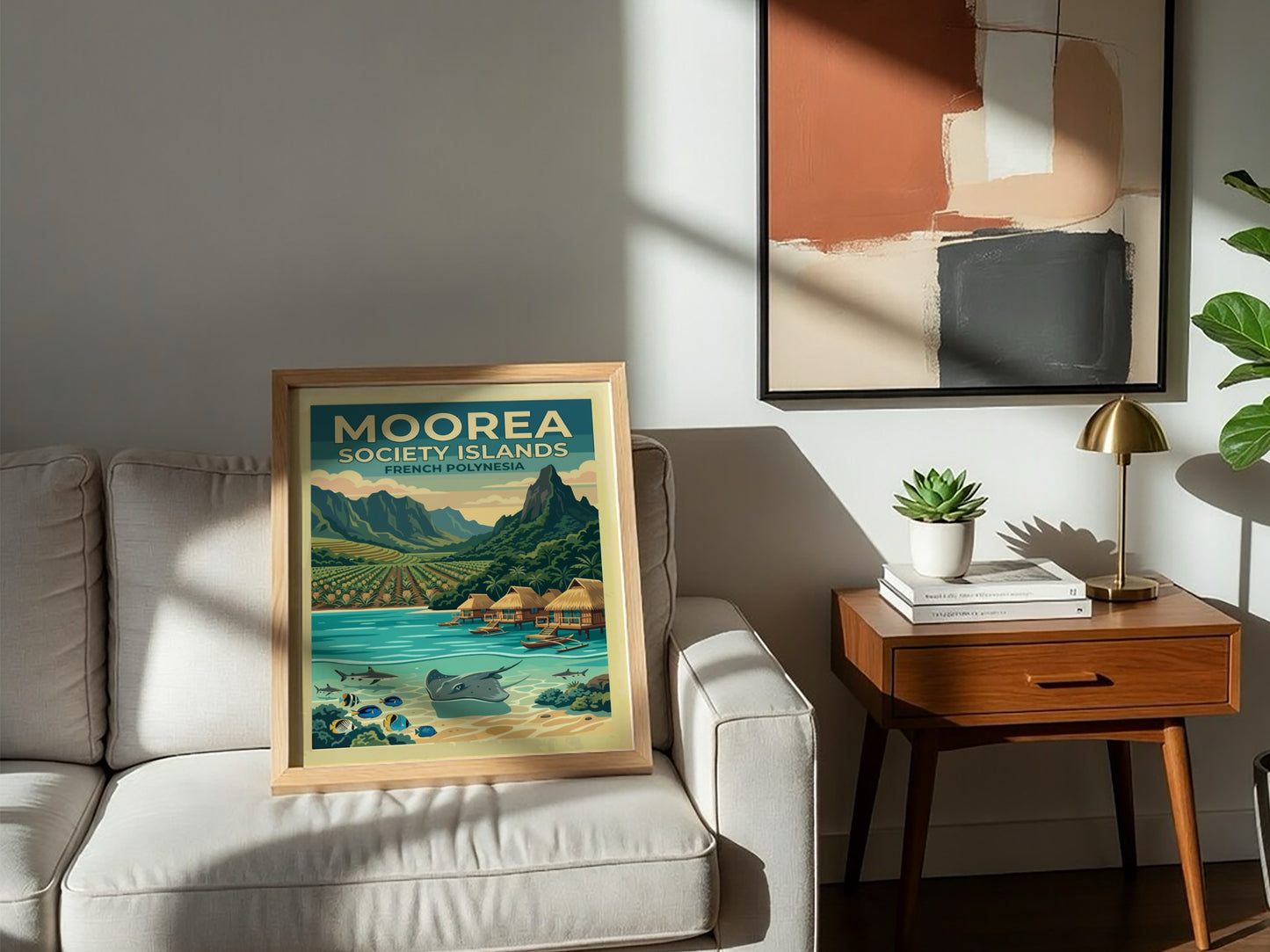 Moorea Society Islands travel poster featuring a tropical landscape with mountains, bungalows, and sea life.