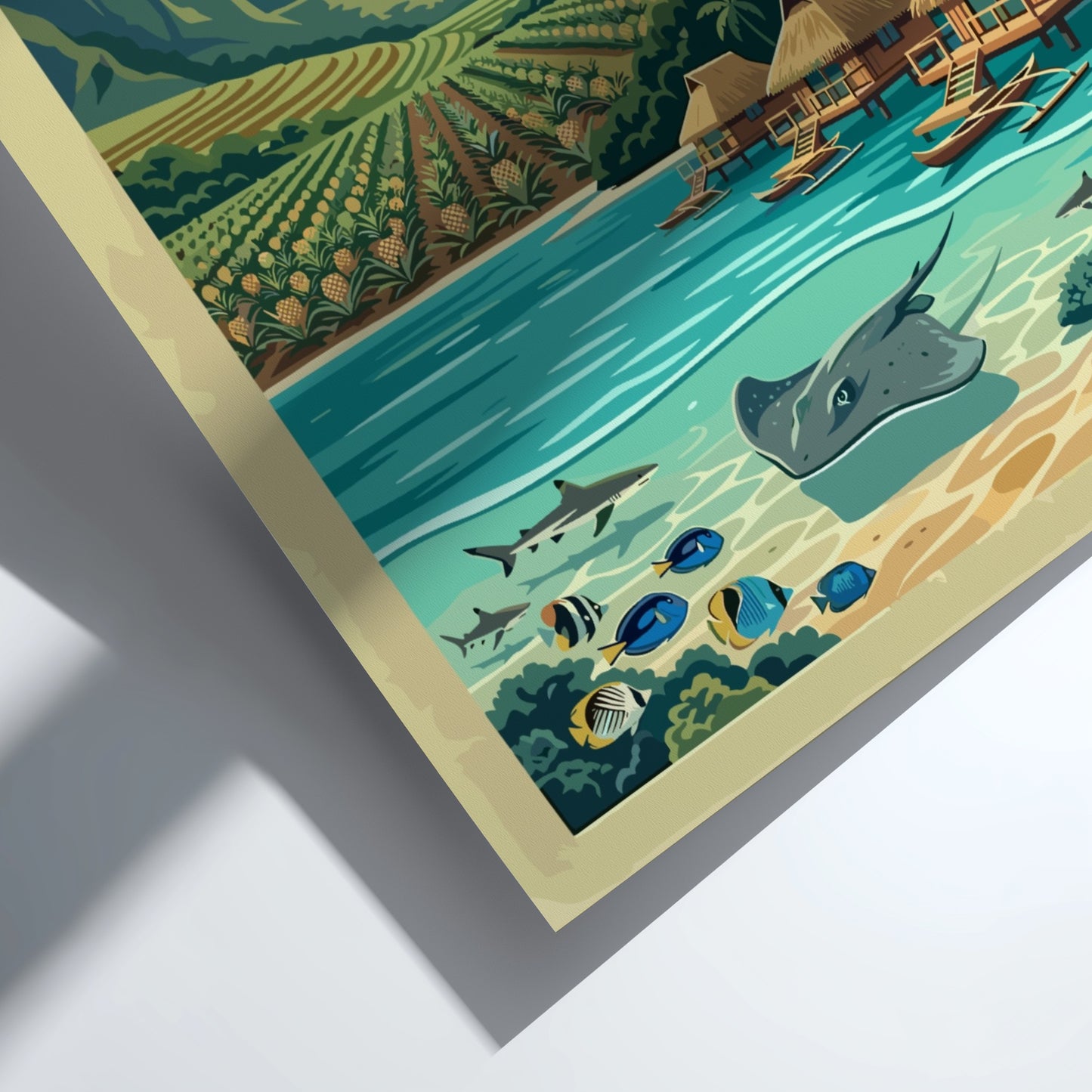 Moorea Society Islands travel poster featuring a tropical landscape with mountains, bungalows, and sea life.