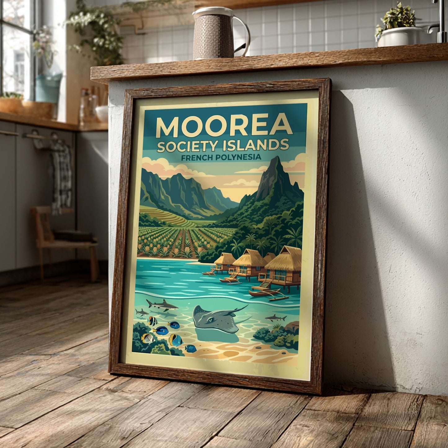 Moorea Society Islands travel poster featuring a tropical landscape with mountains, bungalows, and sea life.