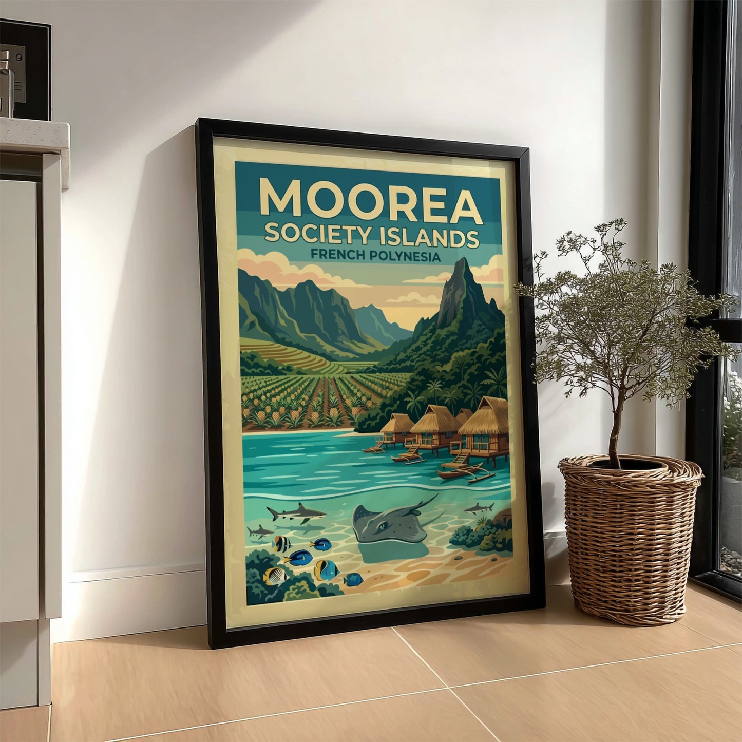 Moorea Society Islands travel poster featuring a tropical landscape with mountains, bungalows, and sea life.