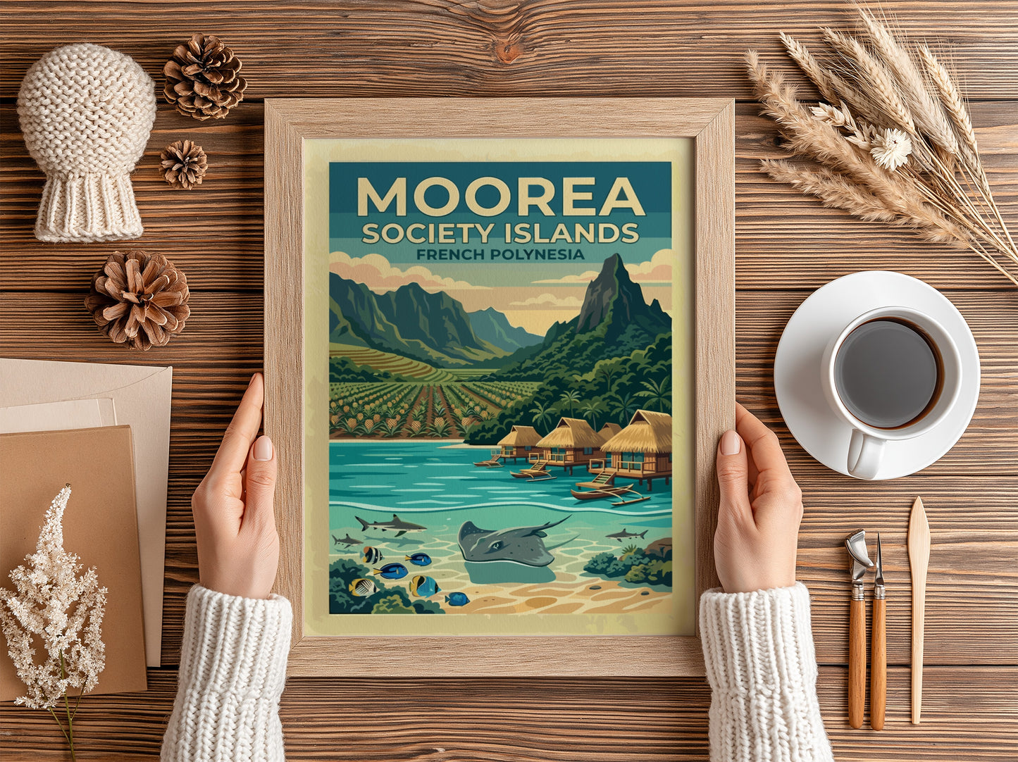 Moorea Society Islands travel poster featuring a tropical landscape with mountains, bungalows, and sea life.