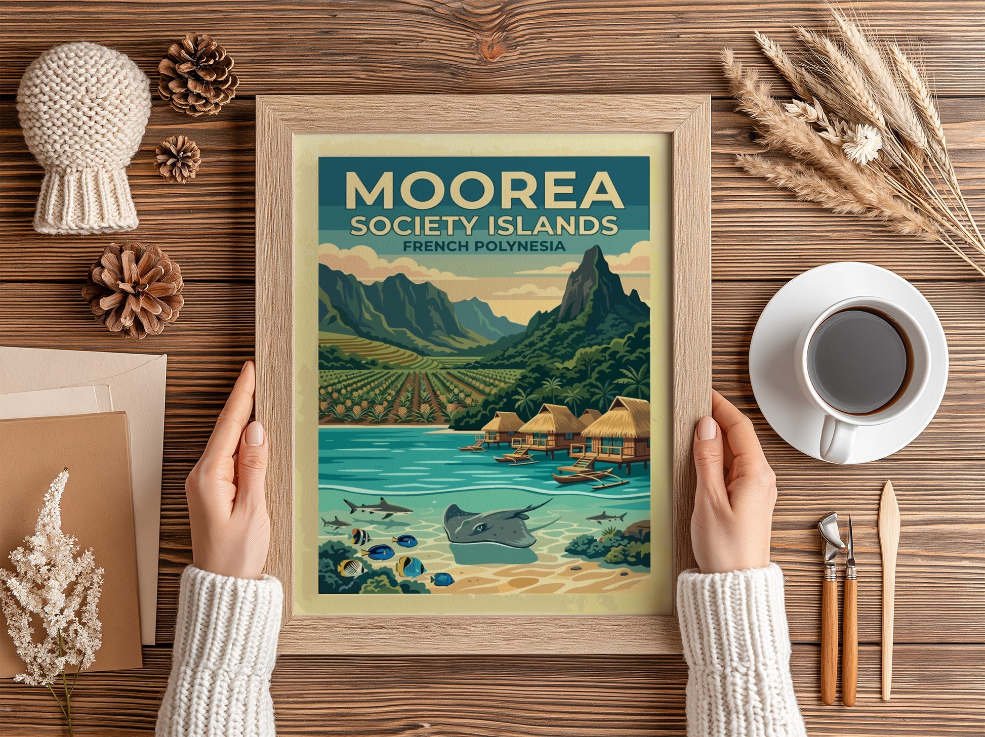 Moorea Society Islands travel poster featuring a tropical landscape with mountains, bungalows, and sea life.