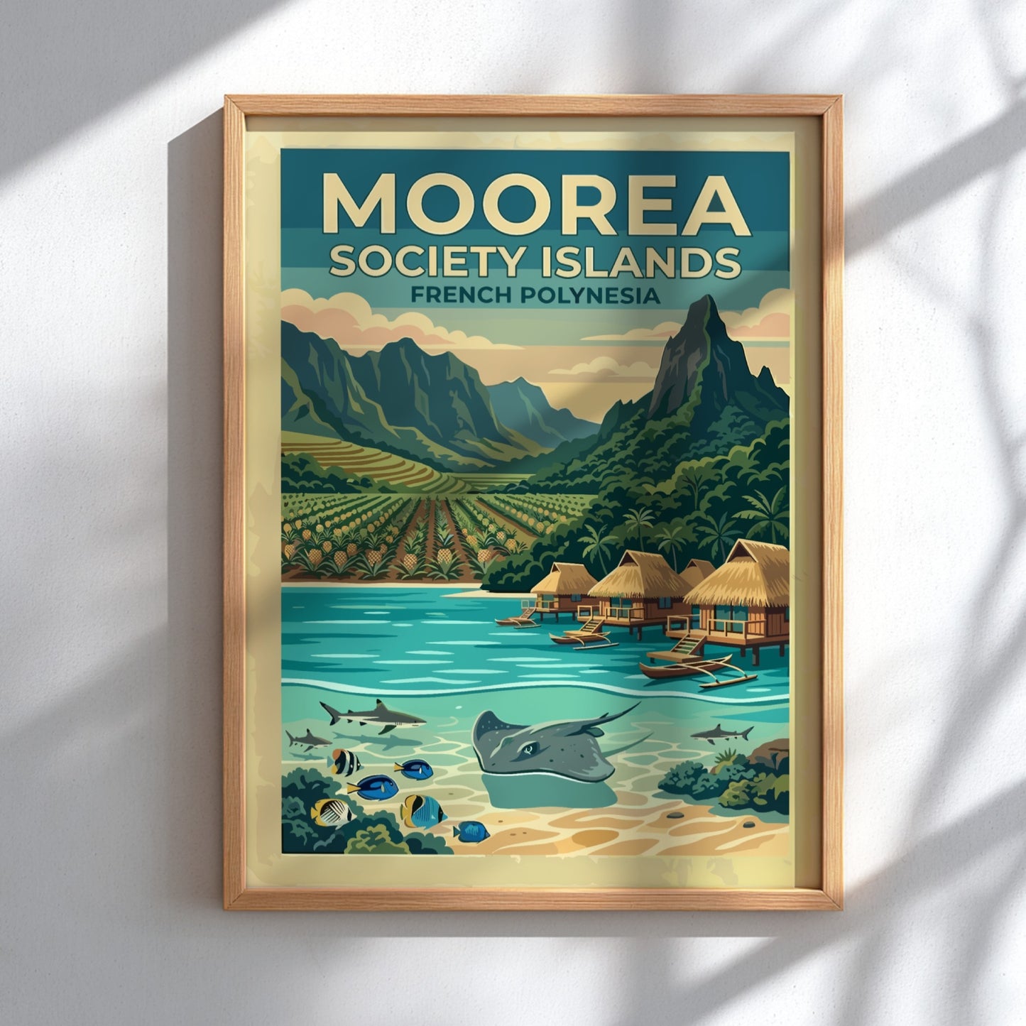Moorea Society Islands travel poster featuring a tropical landscape with mountains, bungalows, and sea life.