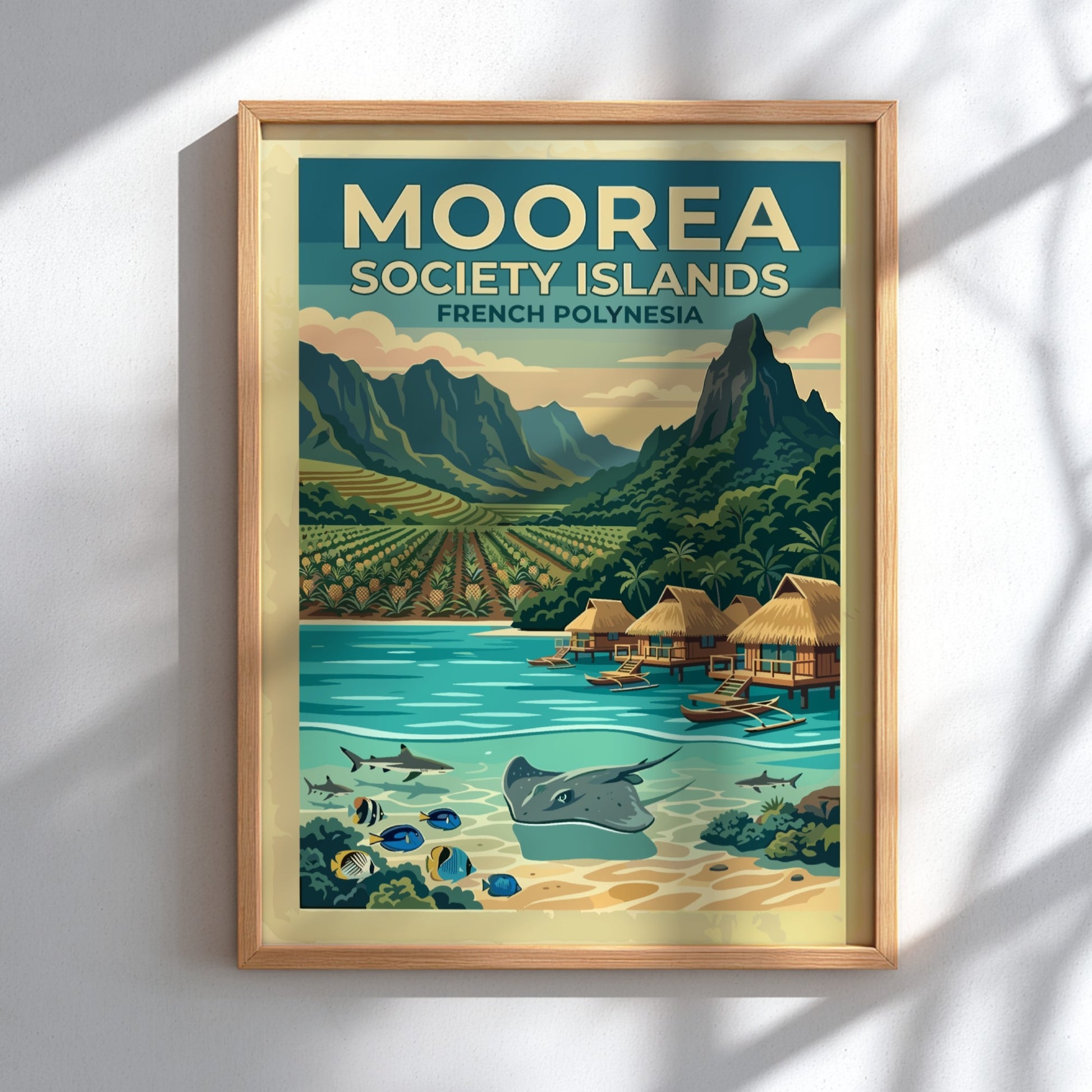 Moorea Society Islands travel poster featuring a tropical landscape with mountains, bungalows, and sea life.