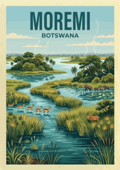 Moremi Game Reserve poster featuring vibrant greens and wildlife in Botswana