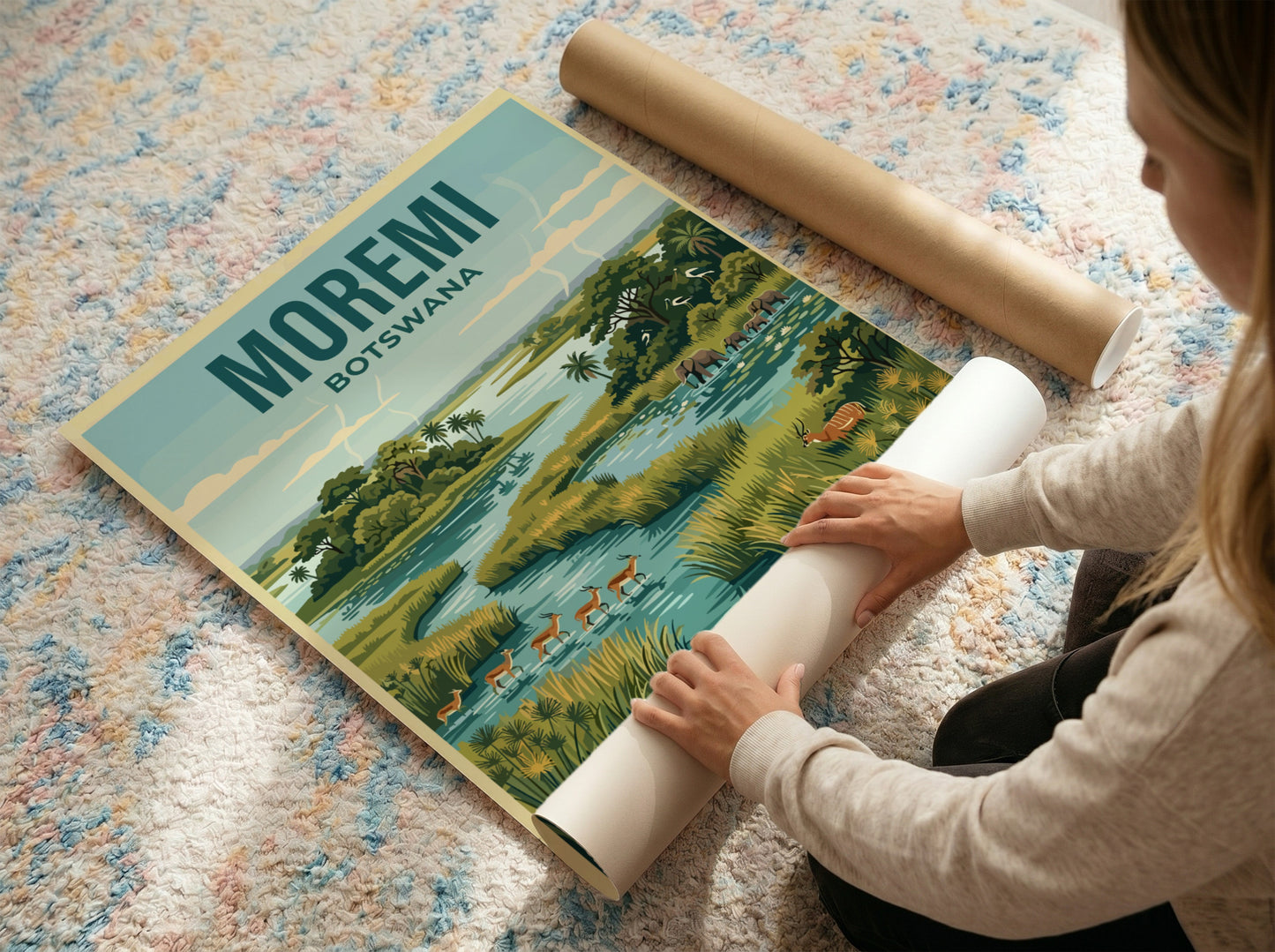 Moremi Game Reserve poster featuring vibrant greens and wildlife in Botswana