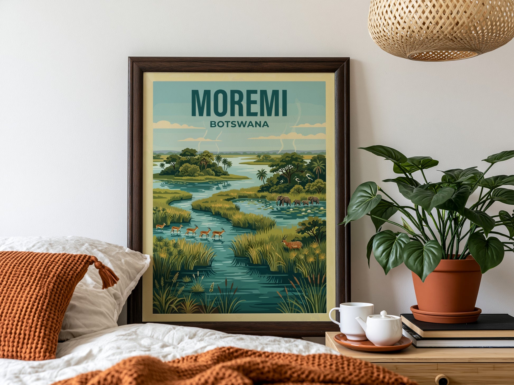 Moremi Game Reserve poster featuring vibrant greens and wildlife in Botswana